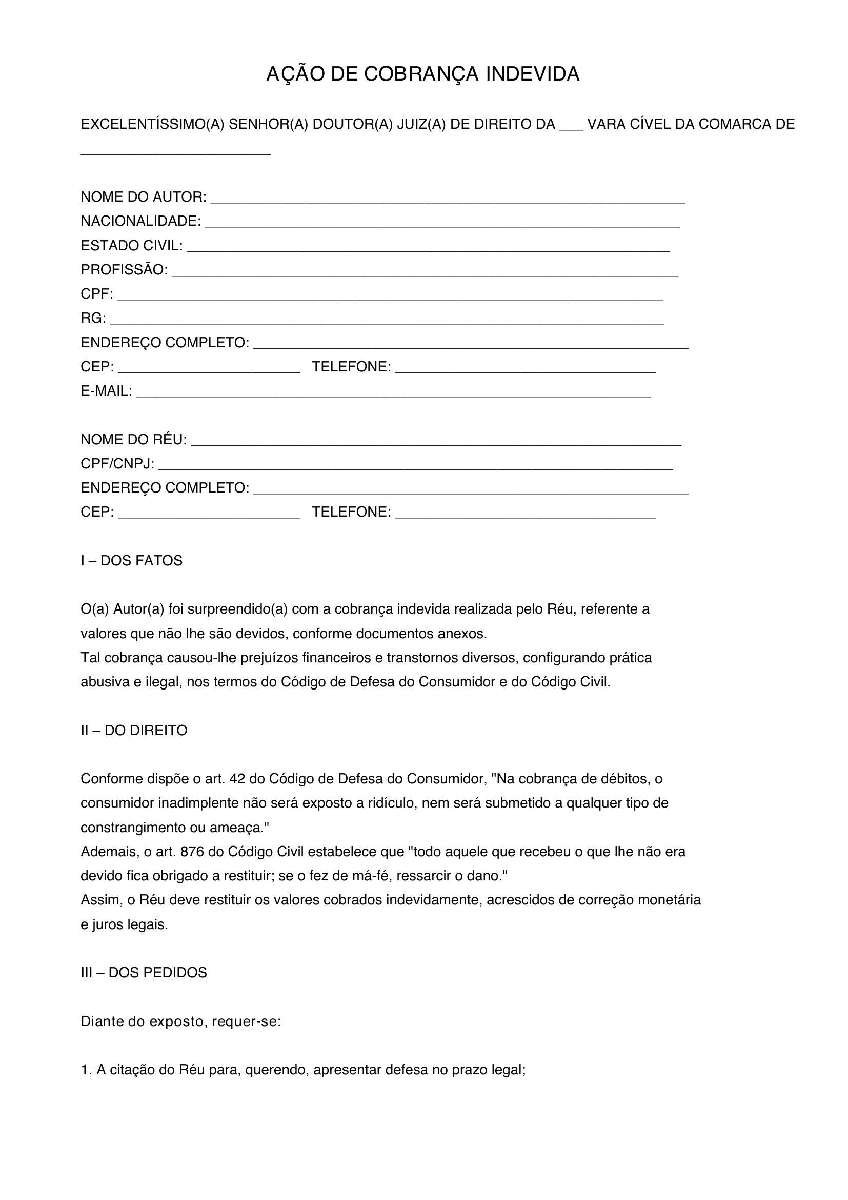 Modelo De Ação De Cobrança Indevida