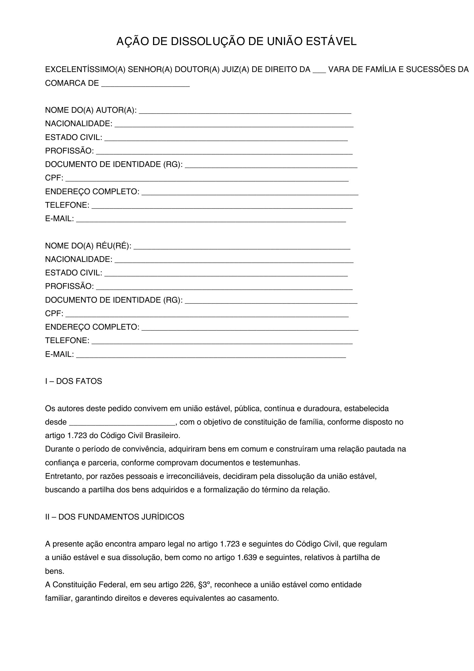 Modelo De Ação De Dissolução De União Estável