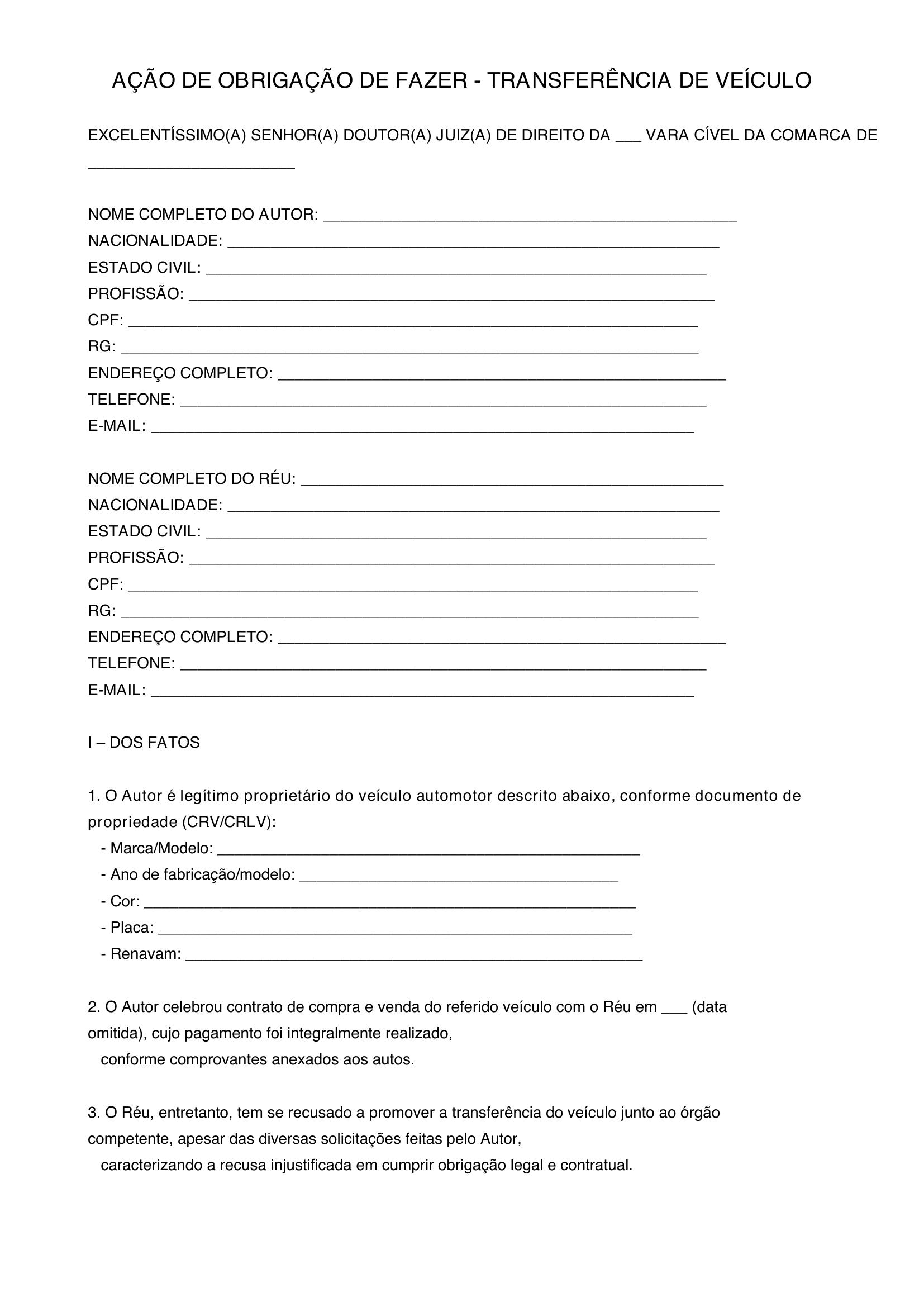 Modelo De Ação De Obrigação De Fazer Transferencia De Veiculo