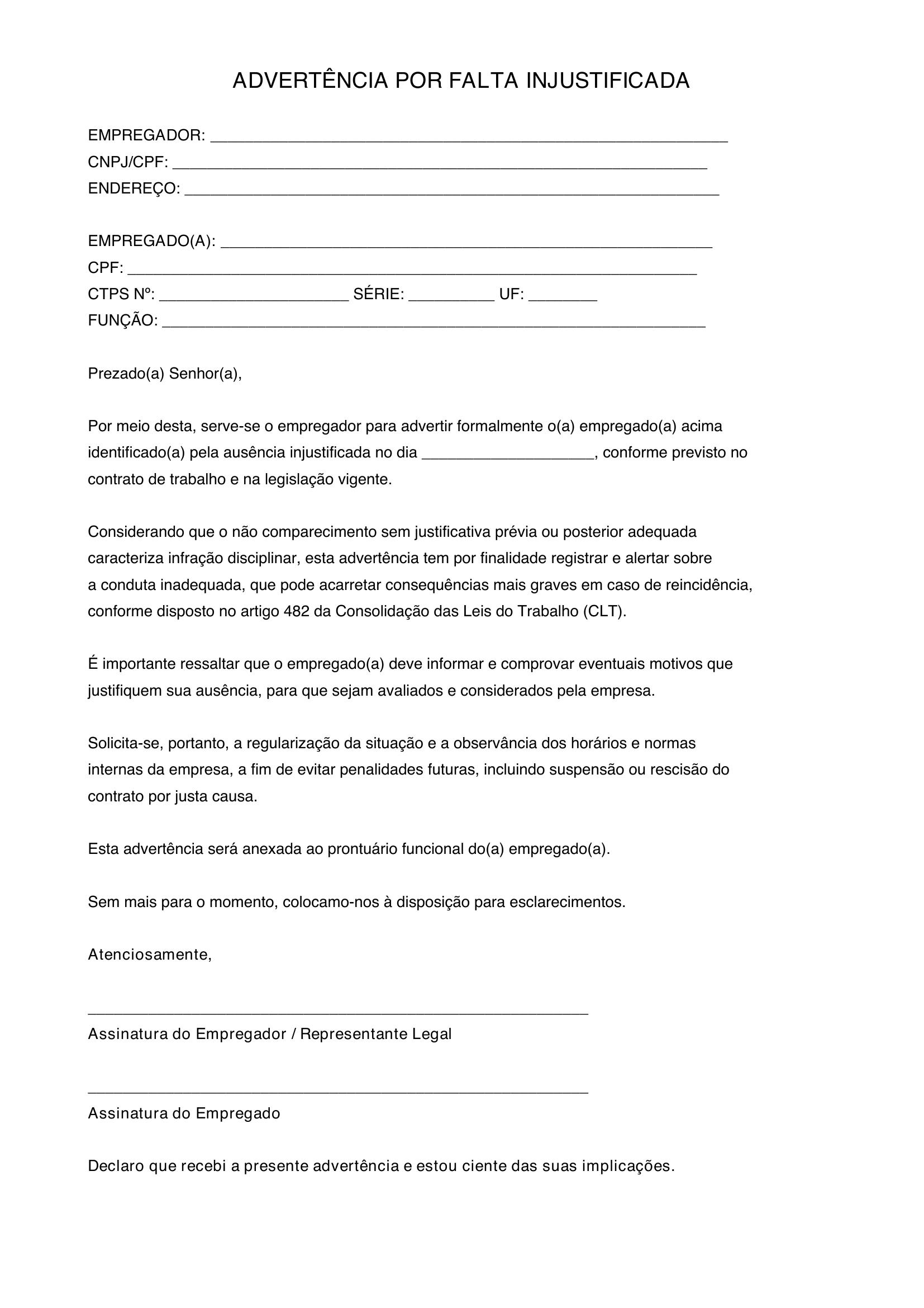 Modelo De Advertência Por Falta Injustificada