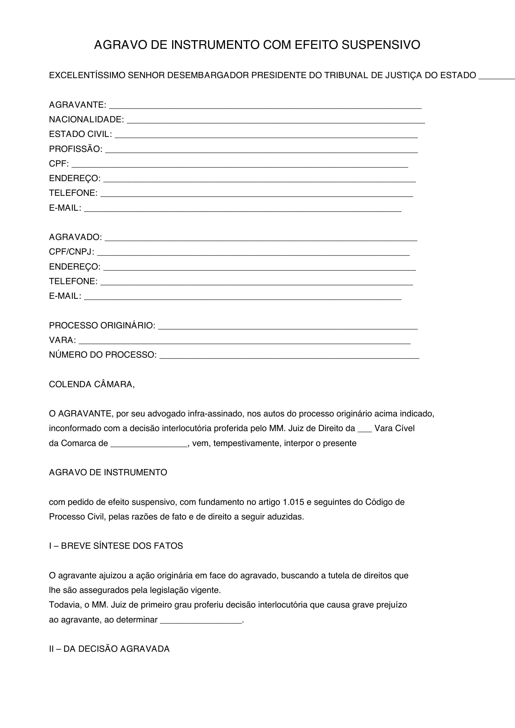 Modelo De Agravo De Instrumento Com Efeito Suspensivo