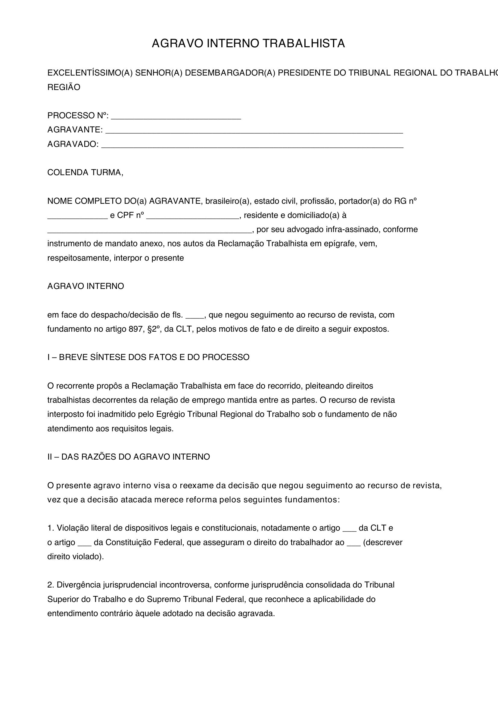 Modelo De Agravo Interno Trabalhista