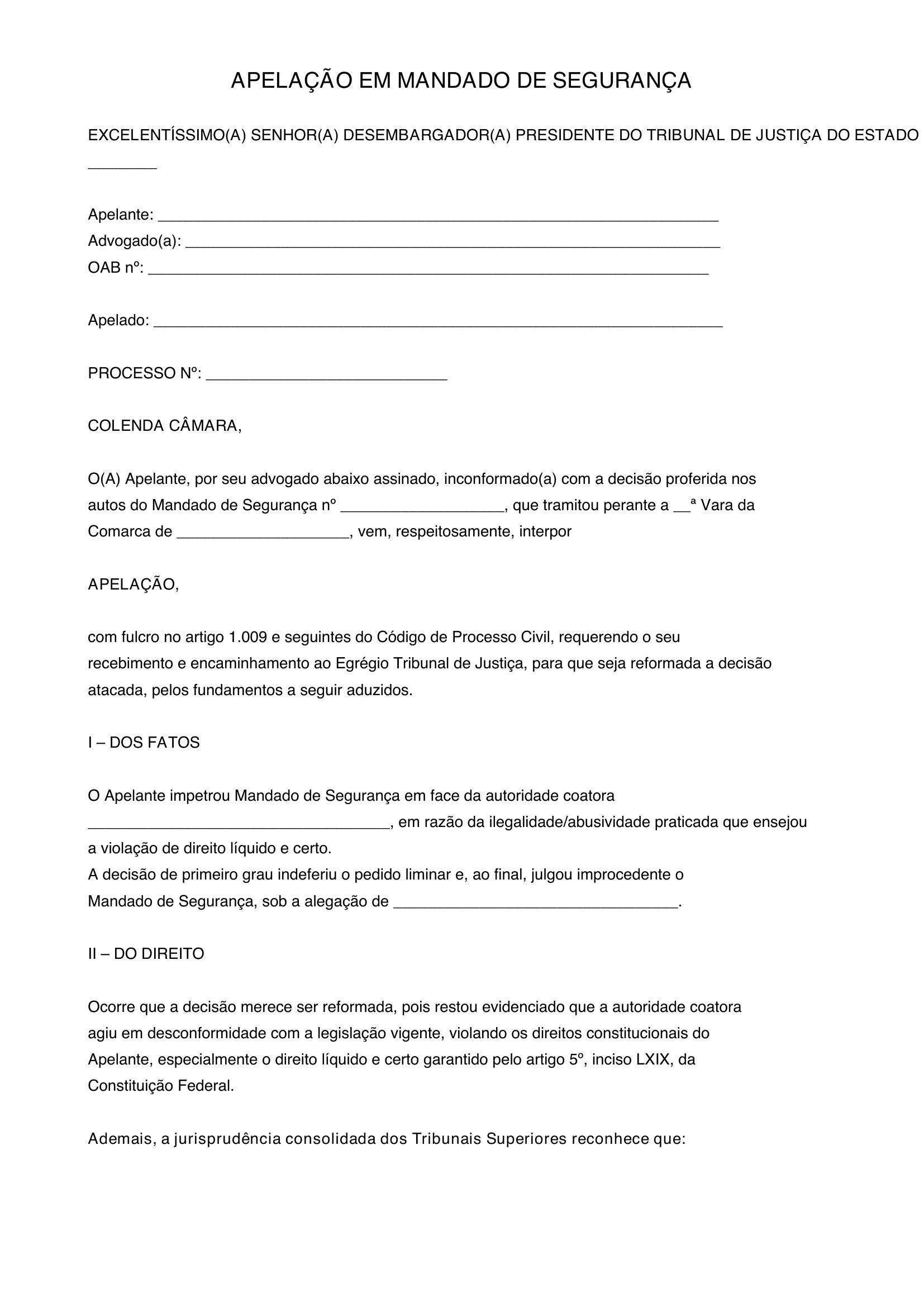 Modelo De Apelação Em Mandado De Segurança