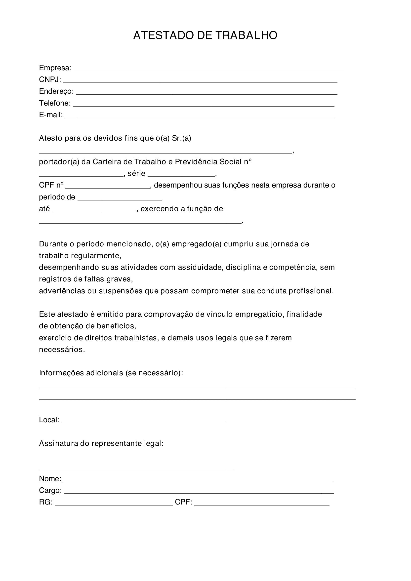 Modelo De Atestado De Trabalho
