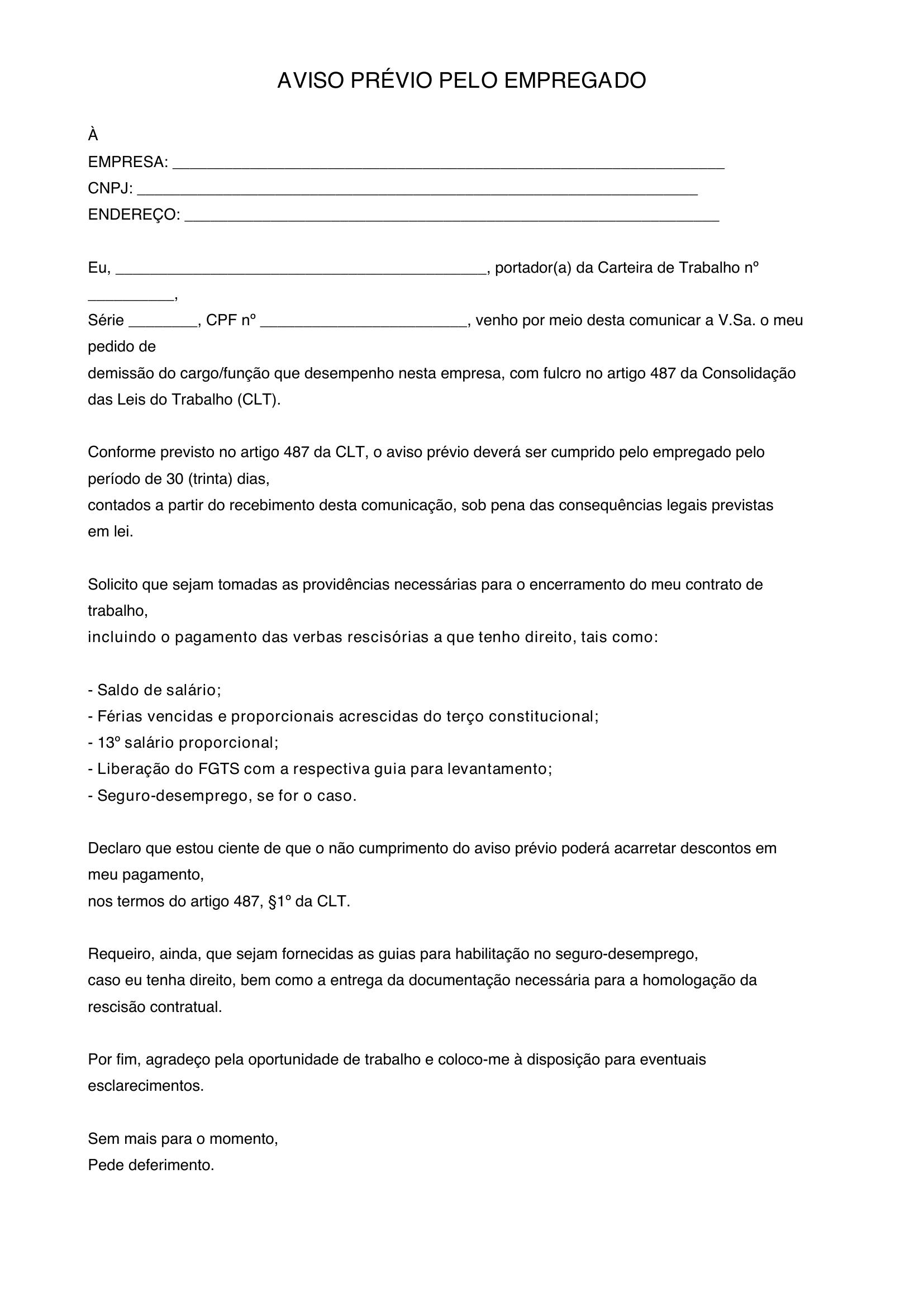 Modelo Aviso Previo Empregado