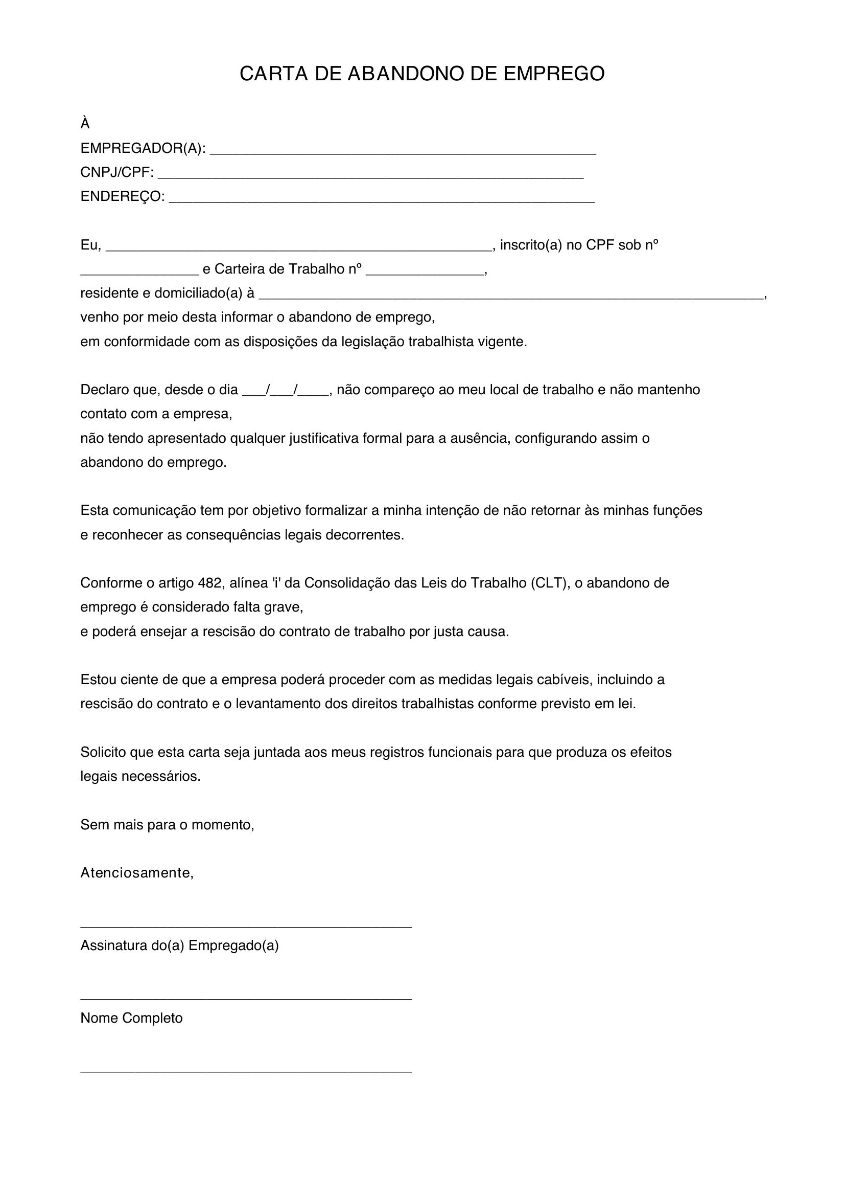 Modelo De Carta De Abandono De Emprego