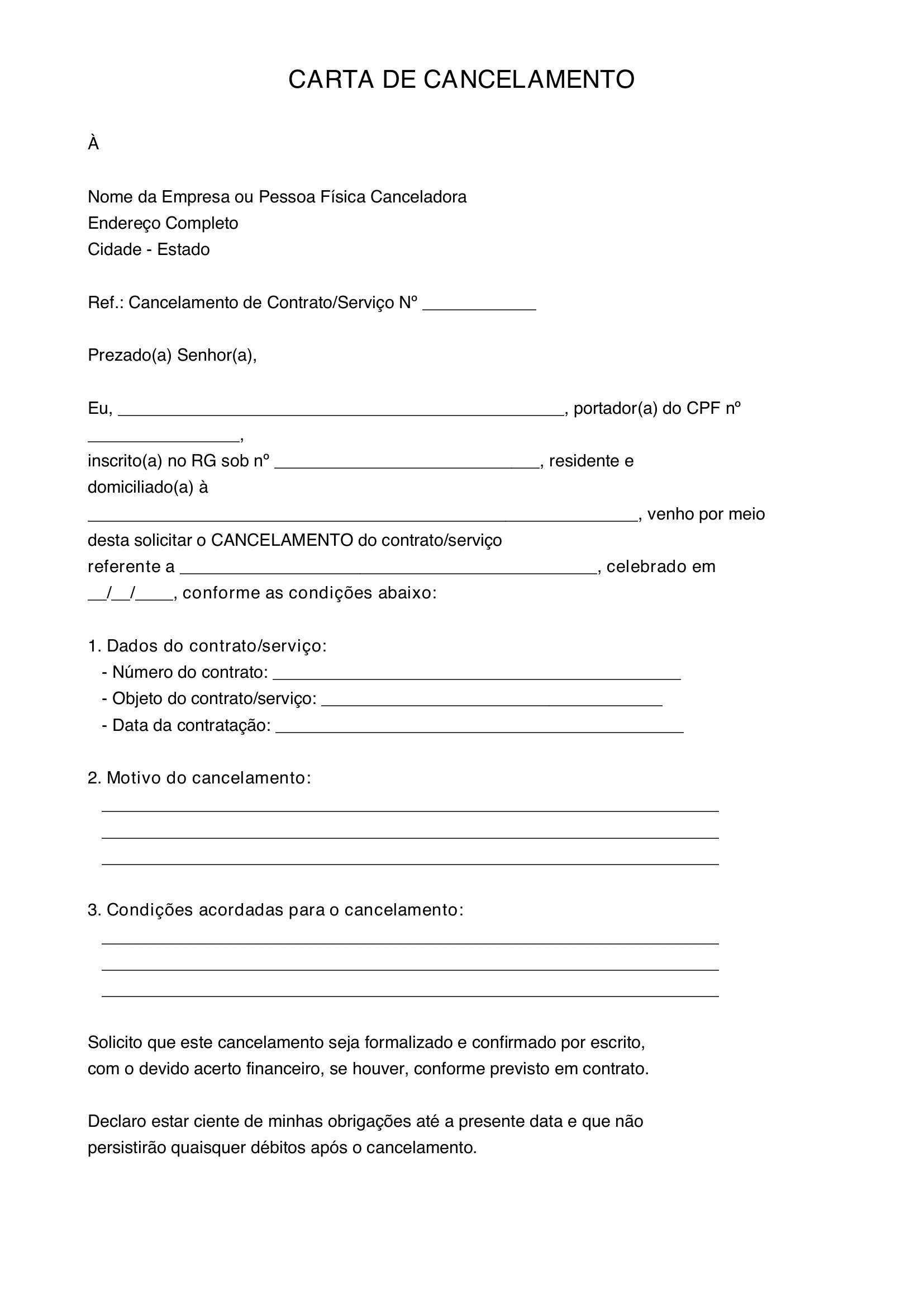 Modelo De Carta De Cancelamento