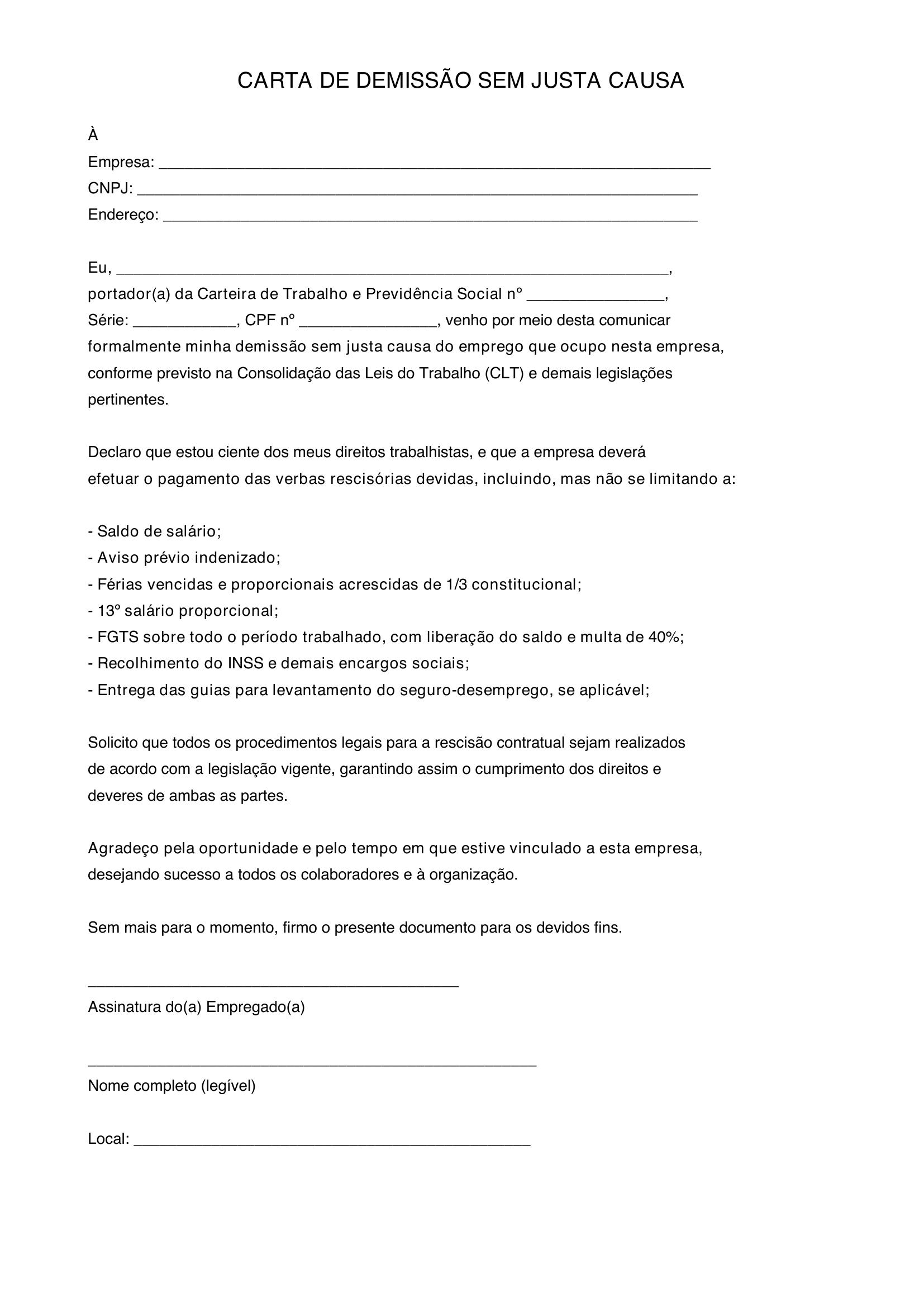 Modelo De Carta De Demissão Sem Justa Causa