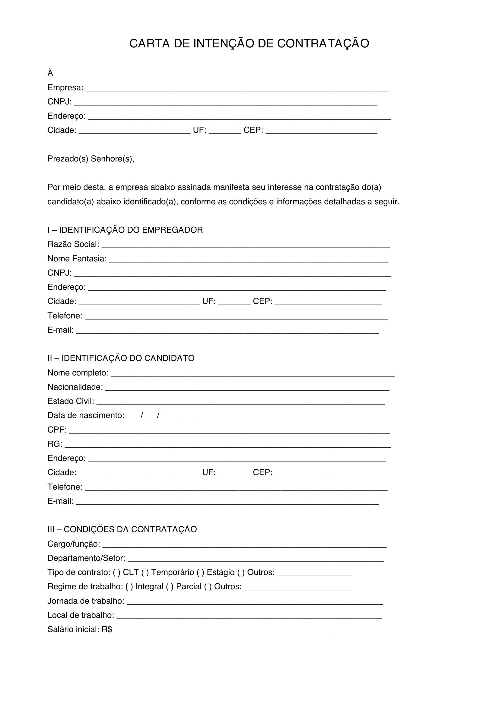 Modelo De Carta De Intenção De Contratação