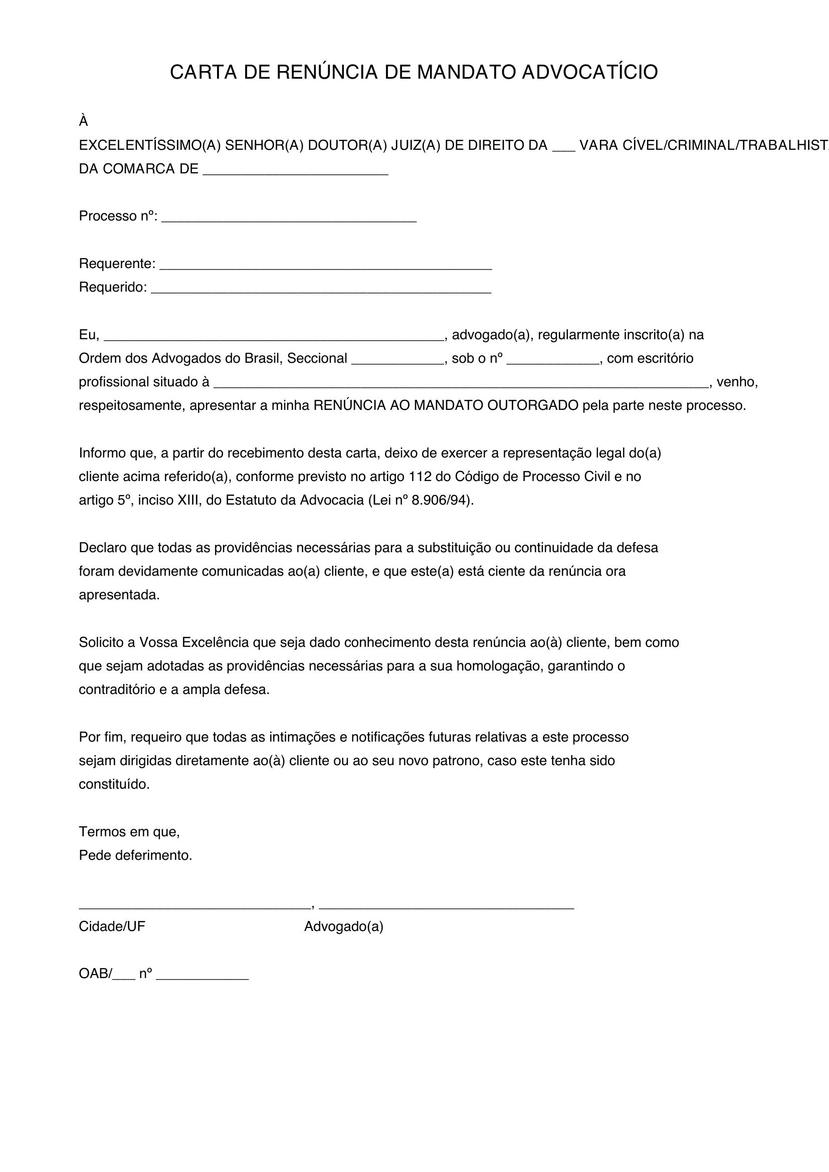 Modelo Carta De Renuncia Advogado