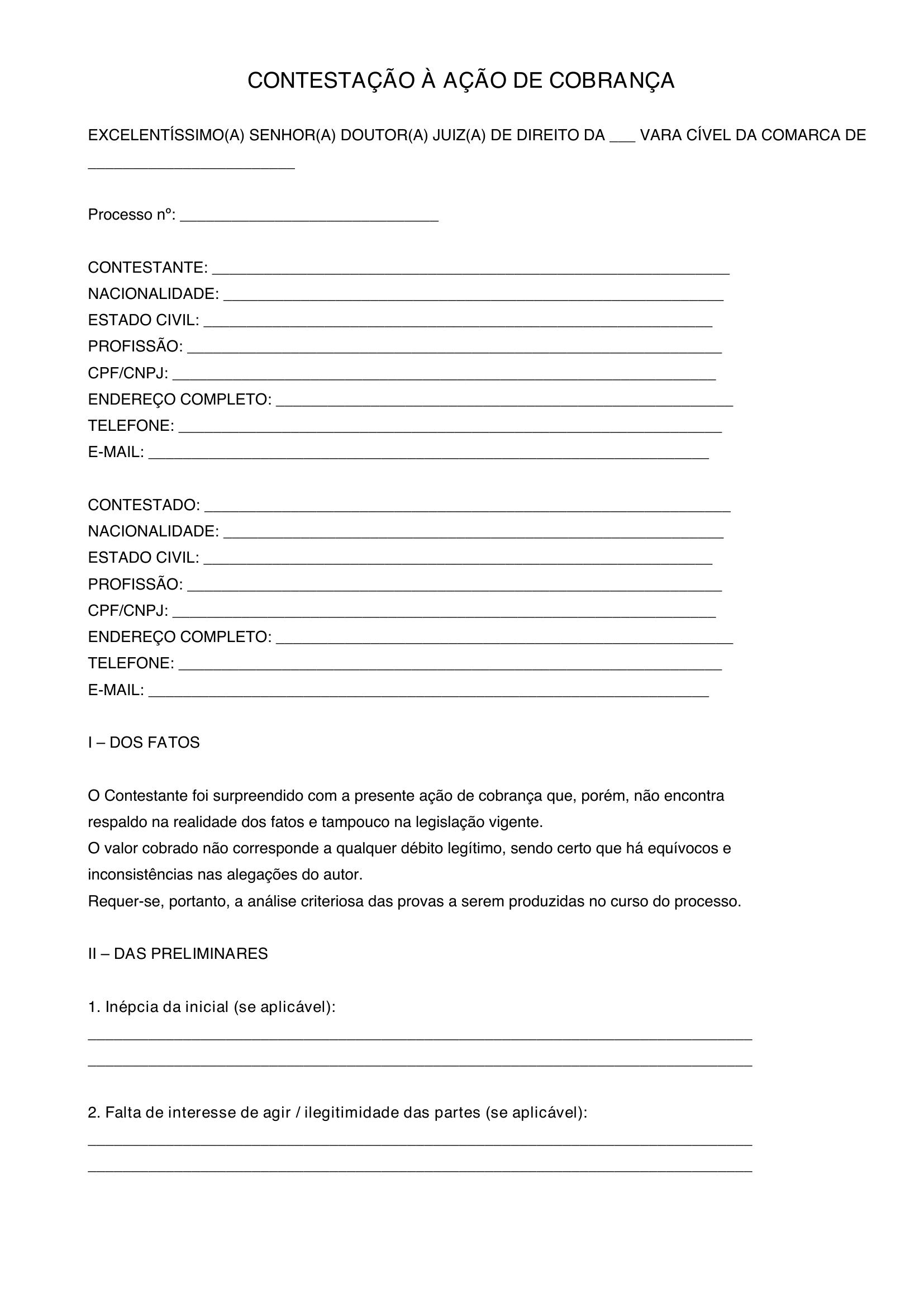 Modelo Contestação Ação De Cobrança