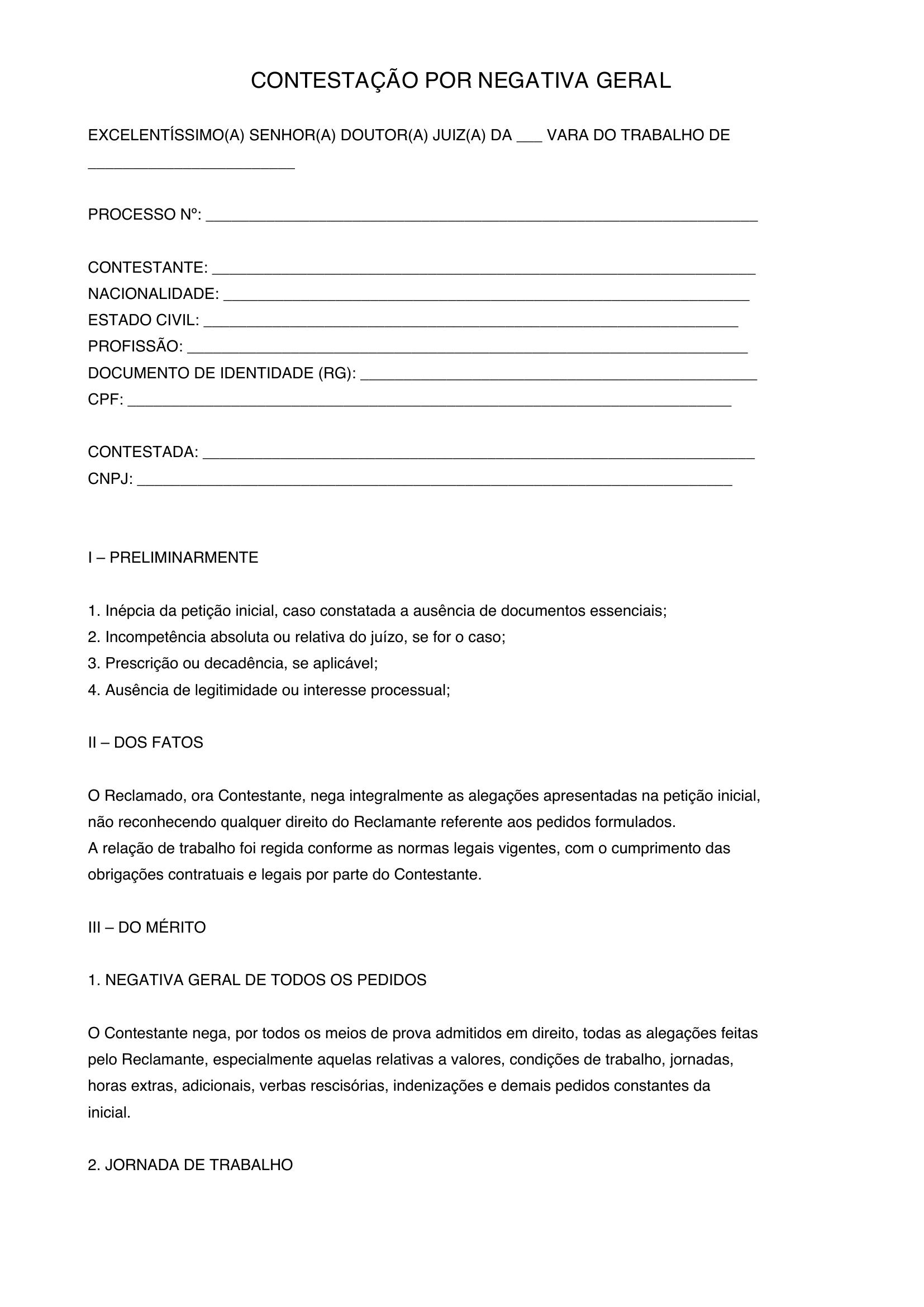 Modelo De Contestação Por Negativa Geral