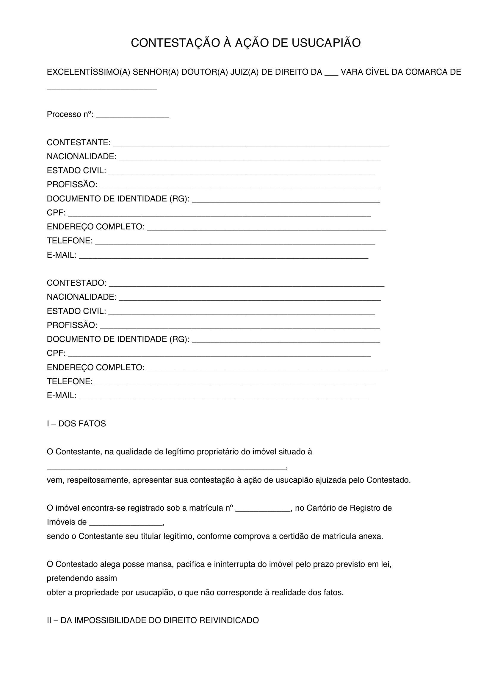 Modelo Contestação Usucapião