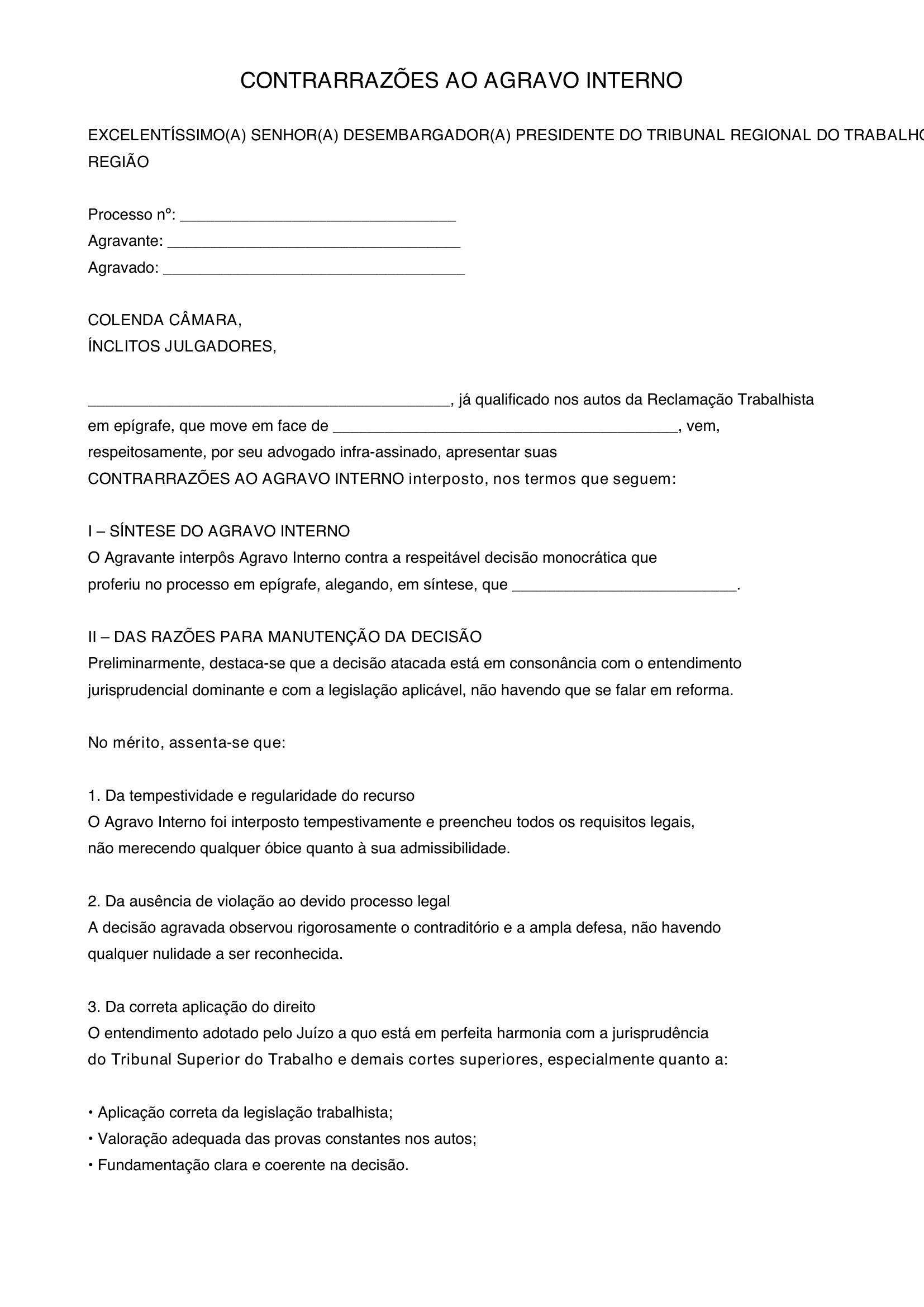 Modelo Contrarrazões Agravo Interno