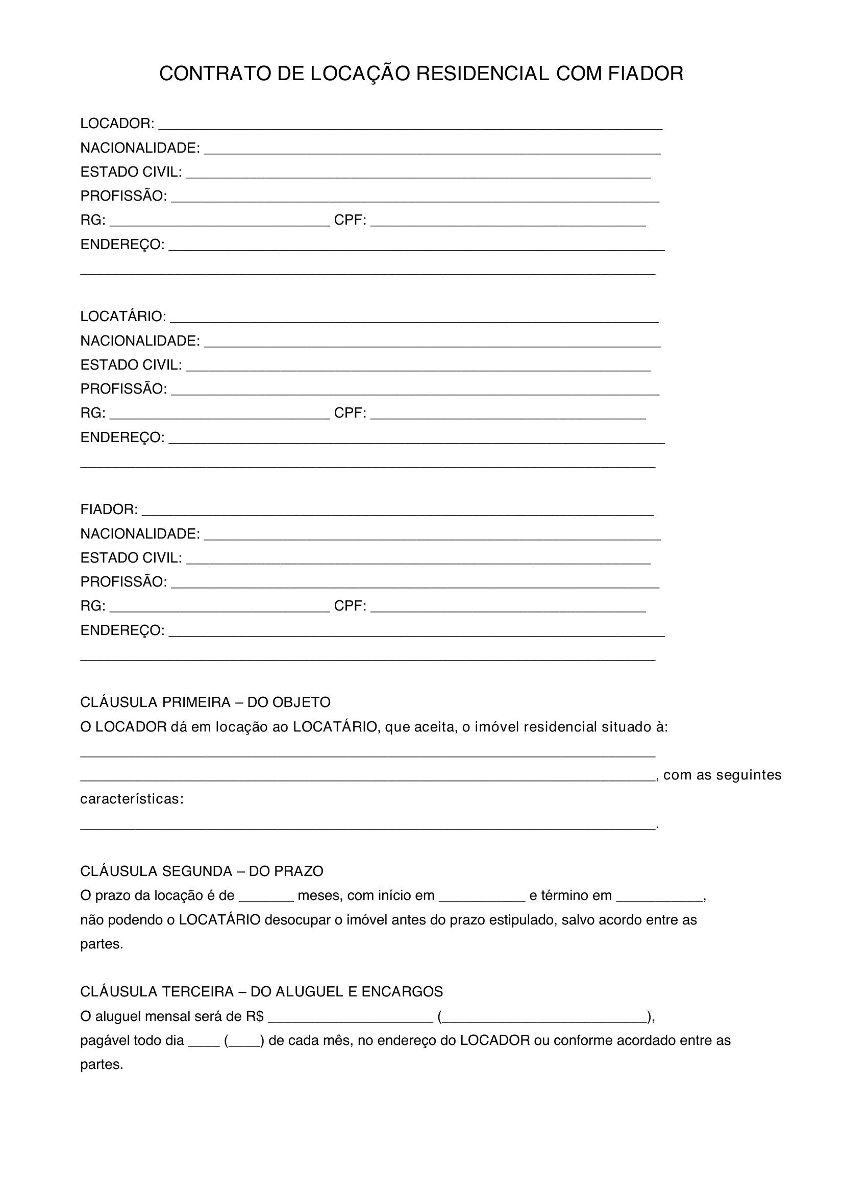 Modelo De Contrato De Aluguel Com Fiador