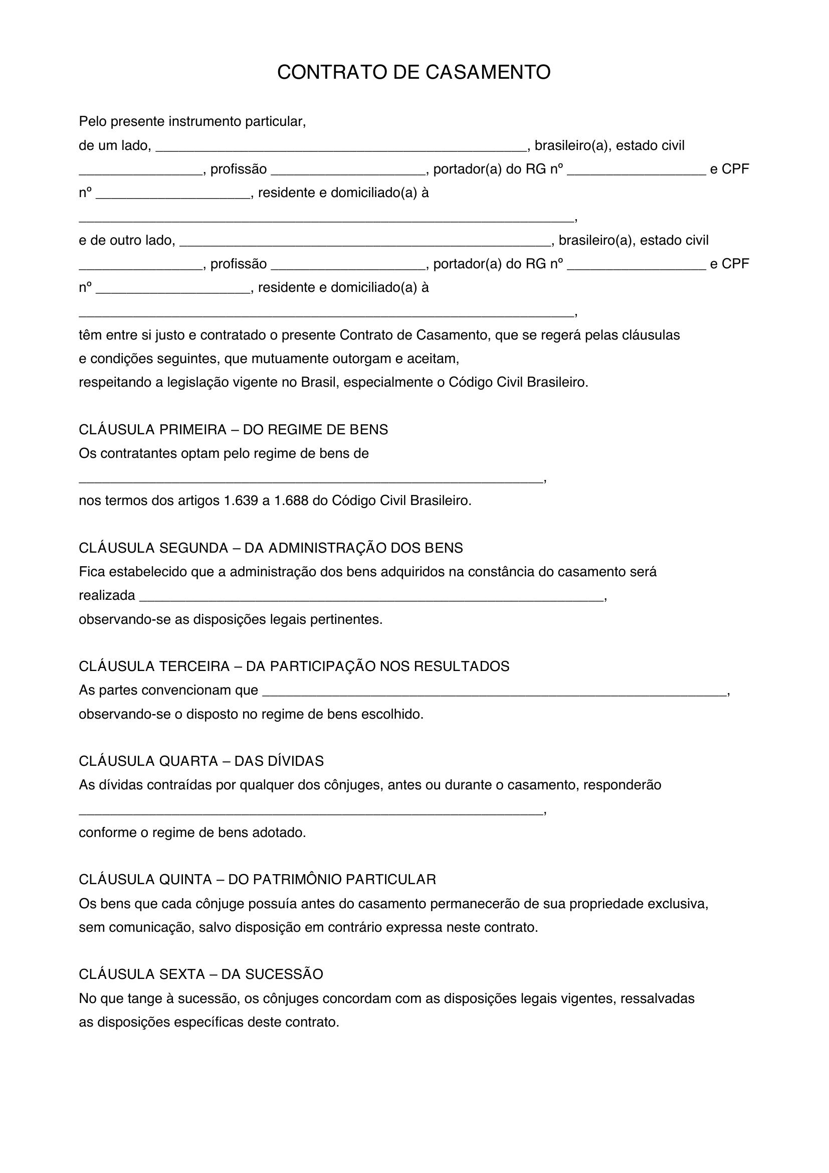 Modelo De Contrato De Casamento