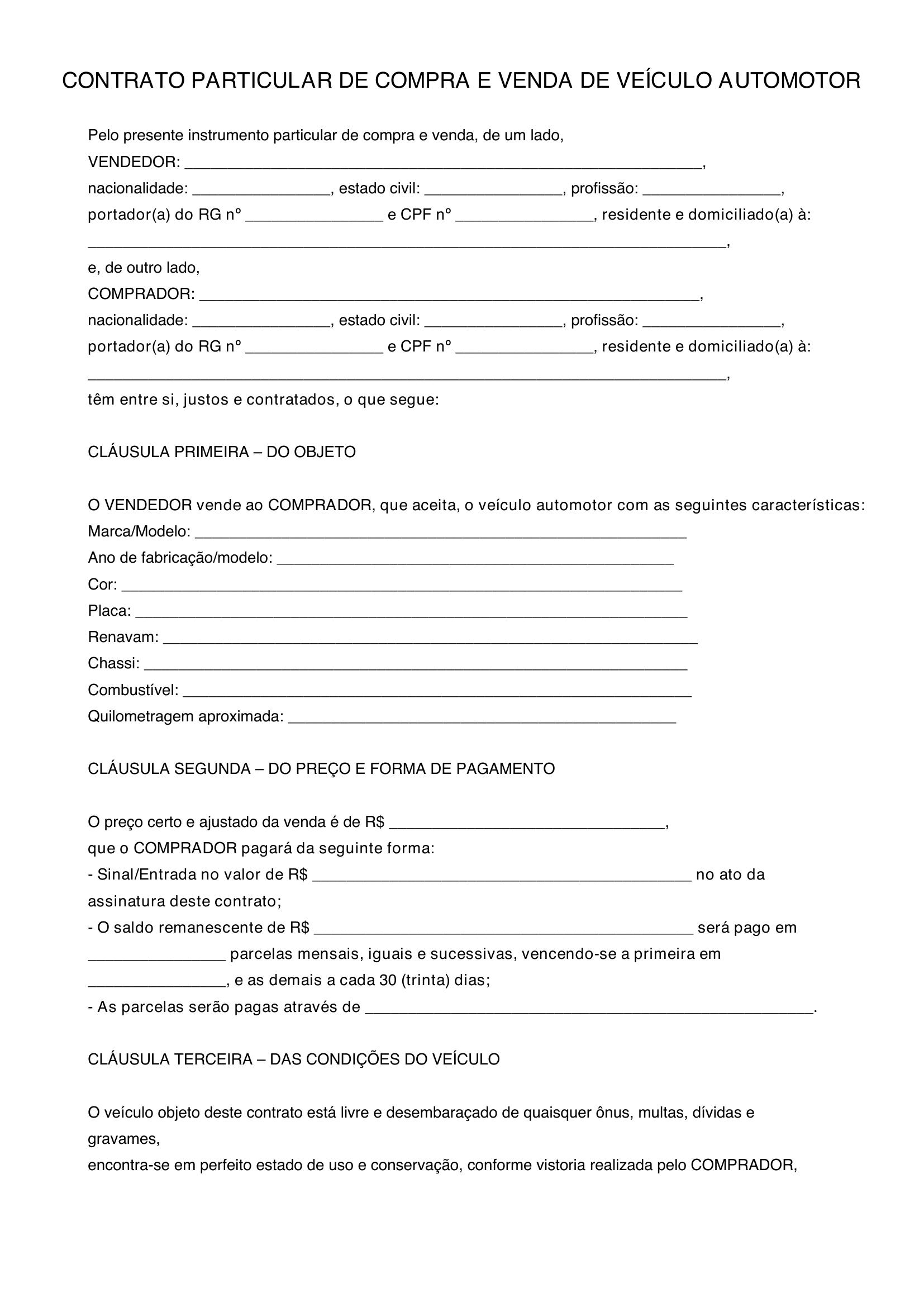 Modelo De Contrato De Compra De Carro