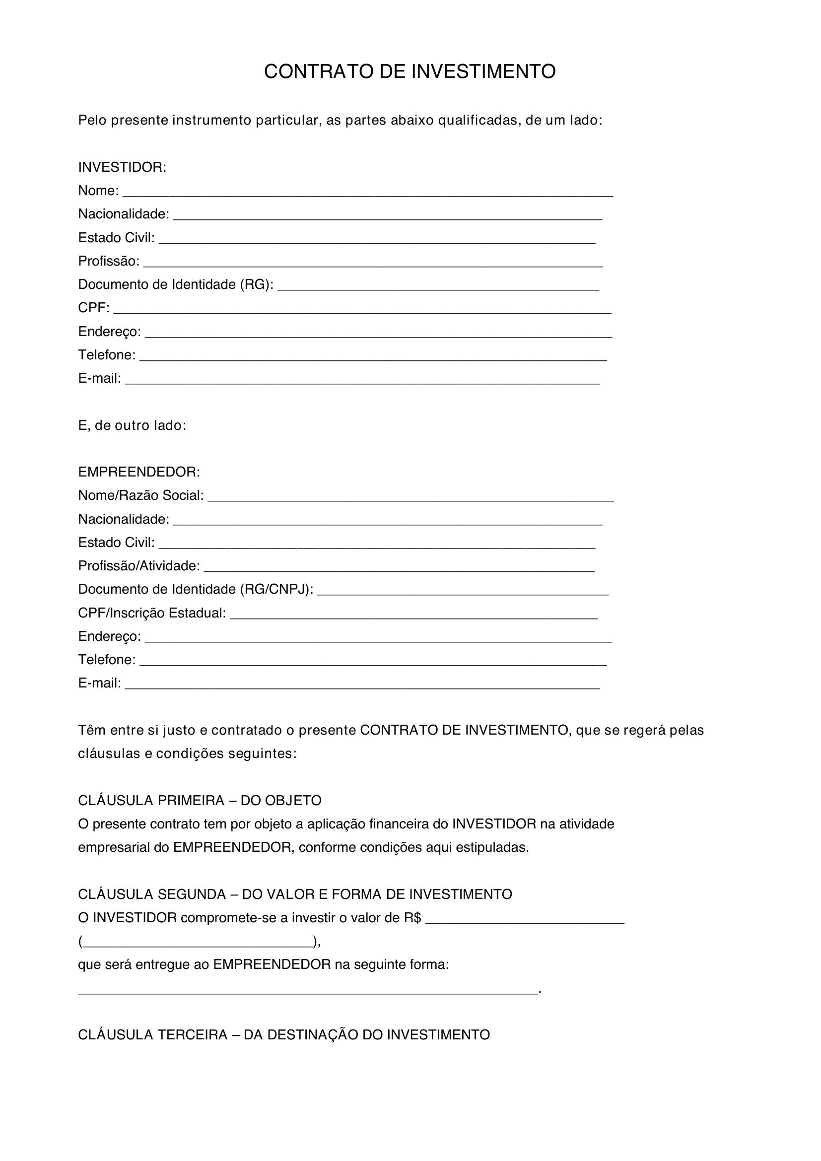 Modelo De Contrato De Investimento