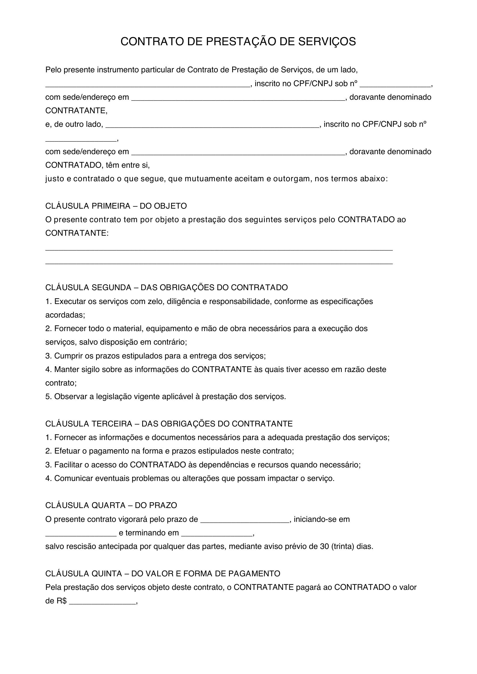 Modelo De Contrato De Prestação De Serviço
