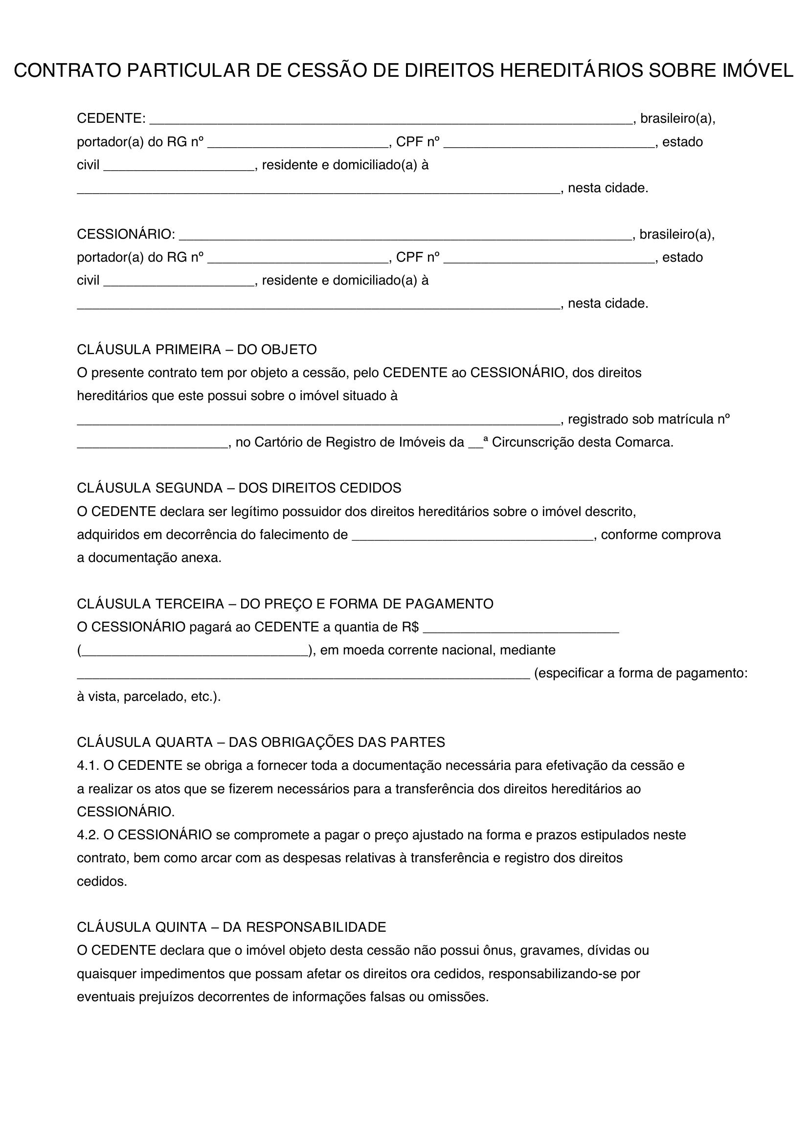 Modelo De Contrato Particular De Cessão De Direitos Hereditários Sobre Imóvel