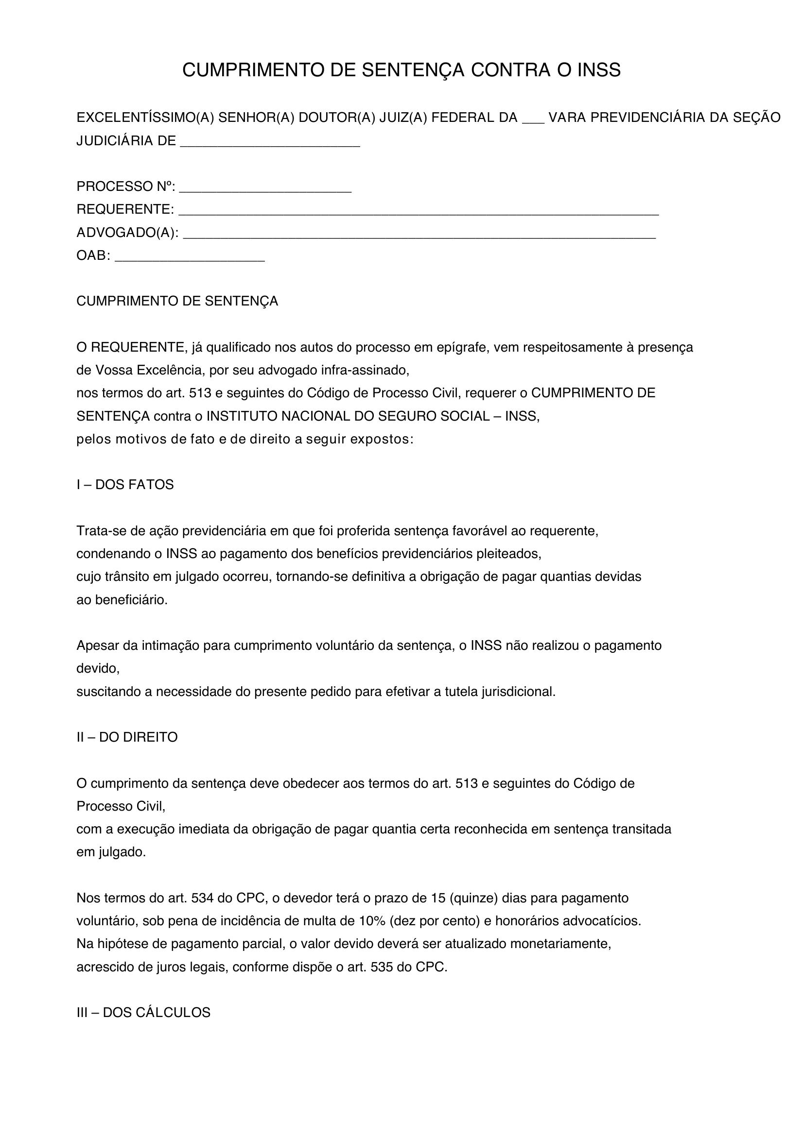 Modelo De Cumprimento De Sentença Contra O Inss