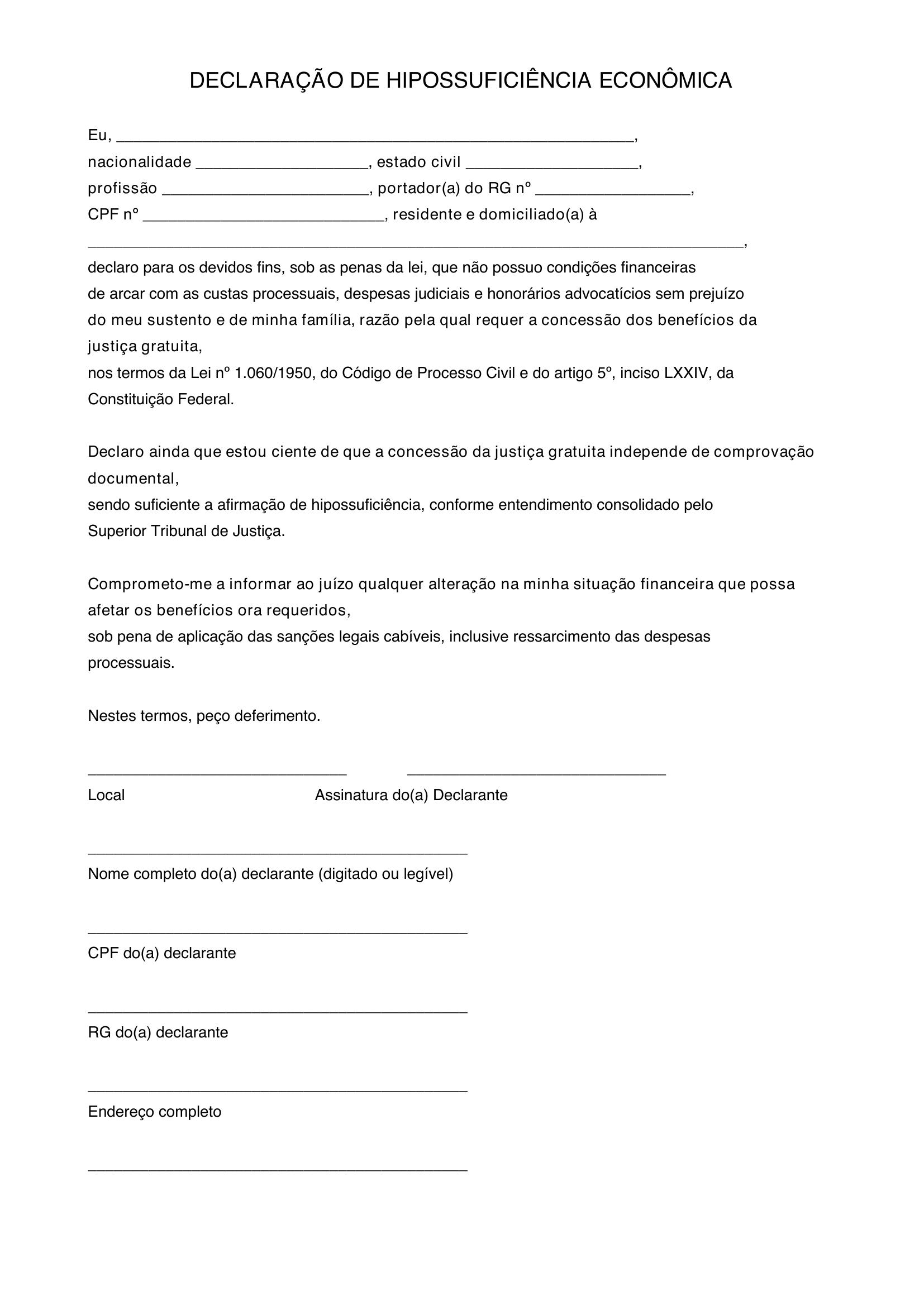 Modelo De Declaração De Hipossuficiência Econômica