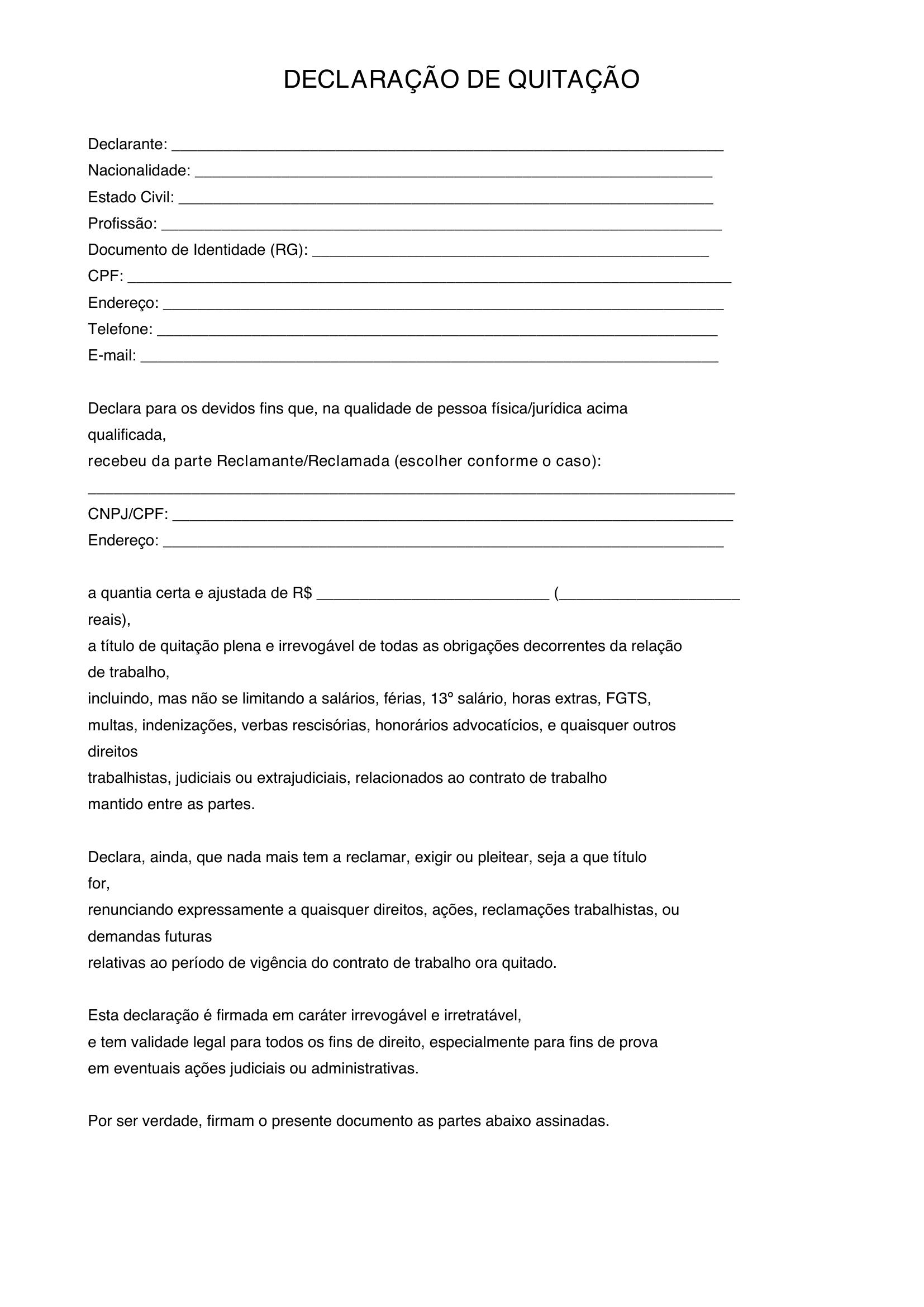 Modelo De Declaração De Quitação