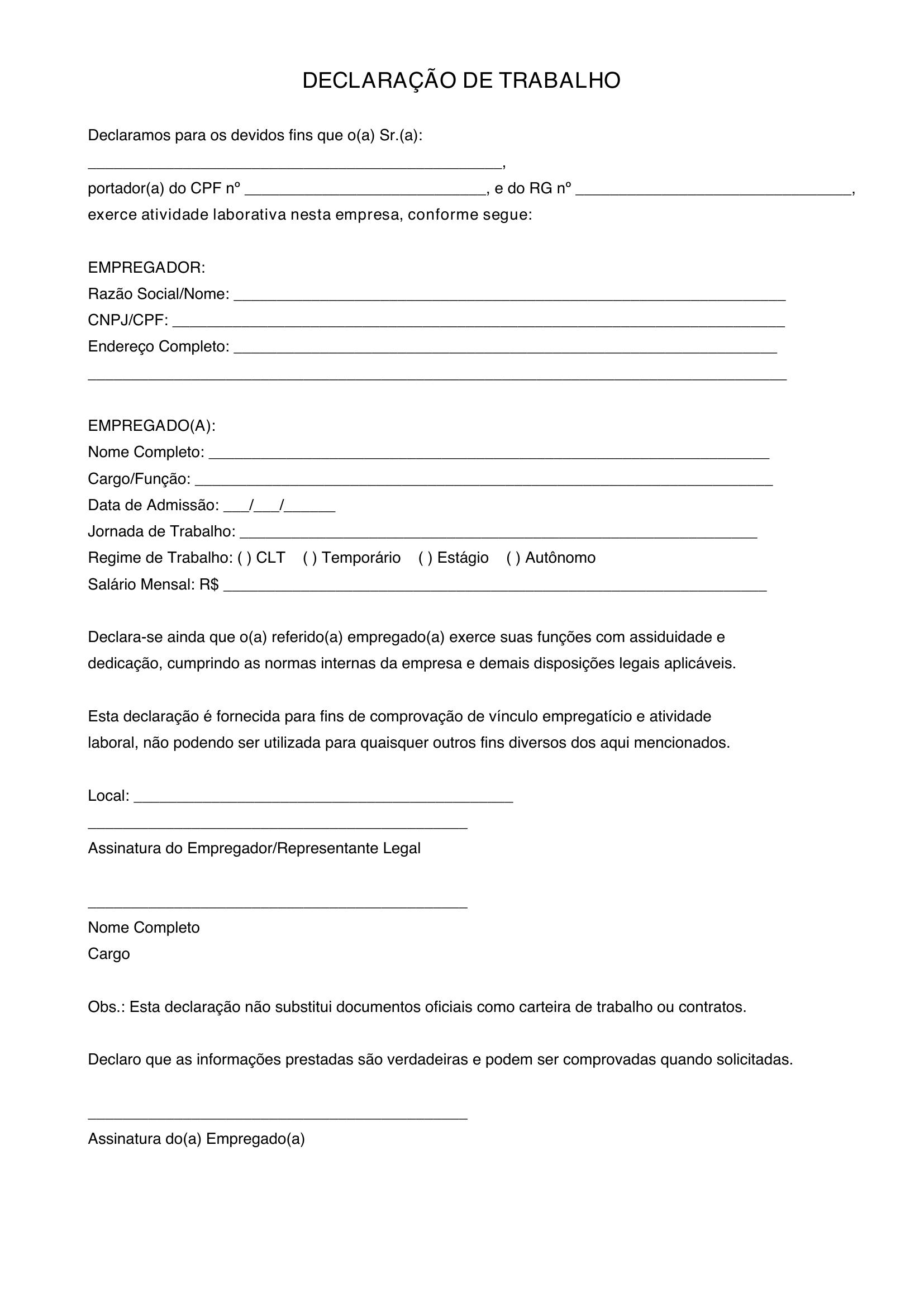 Modelo De Declaração De Trabalho