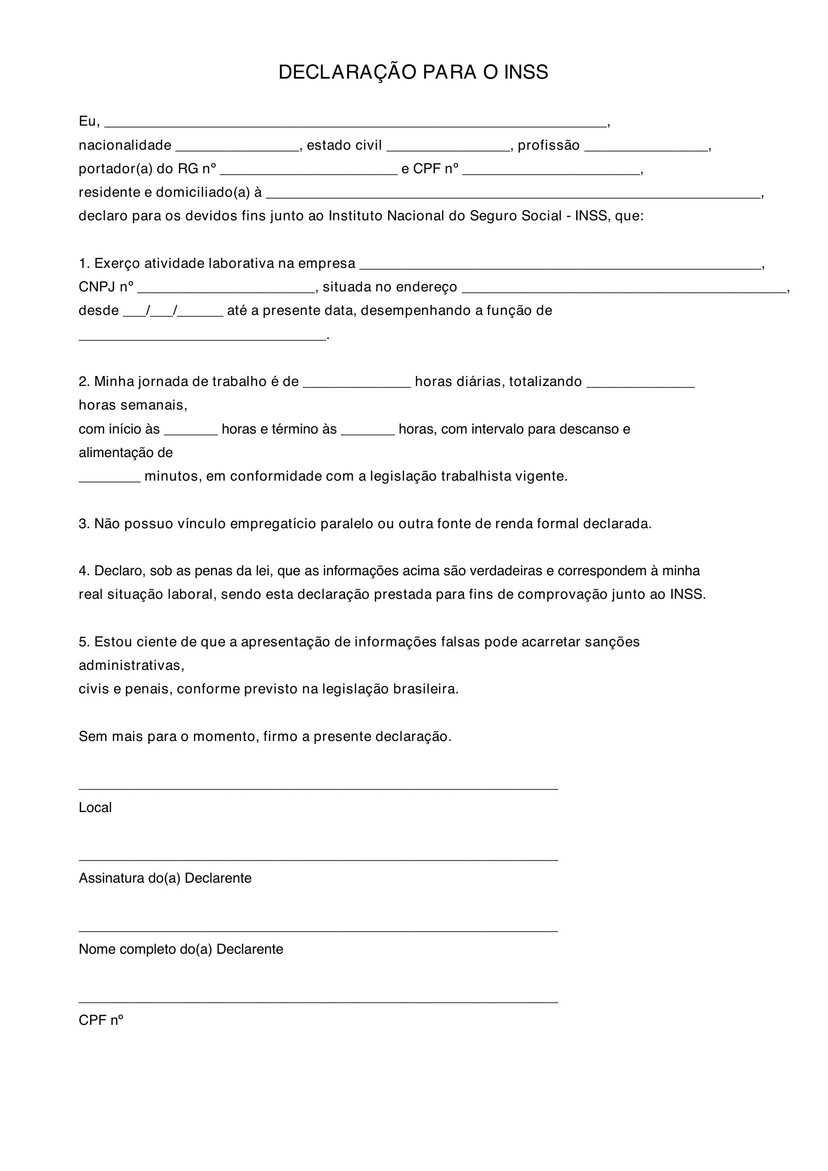 Modelo De Declaração Para O Inss