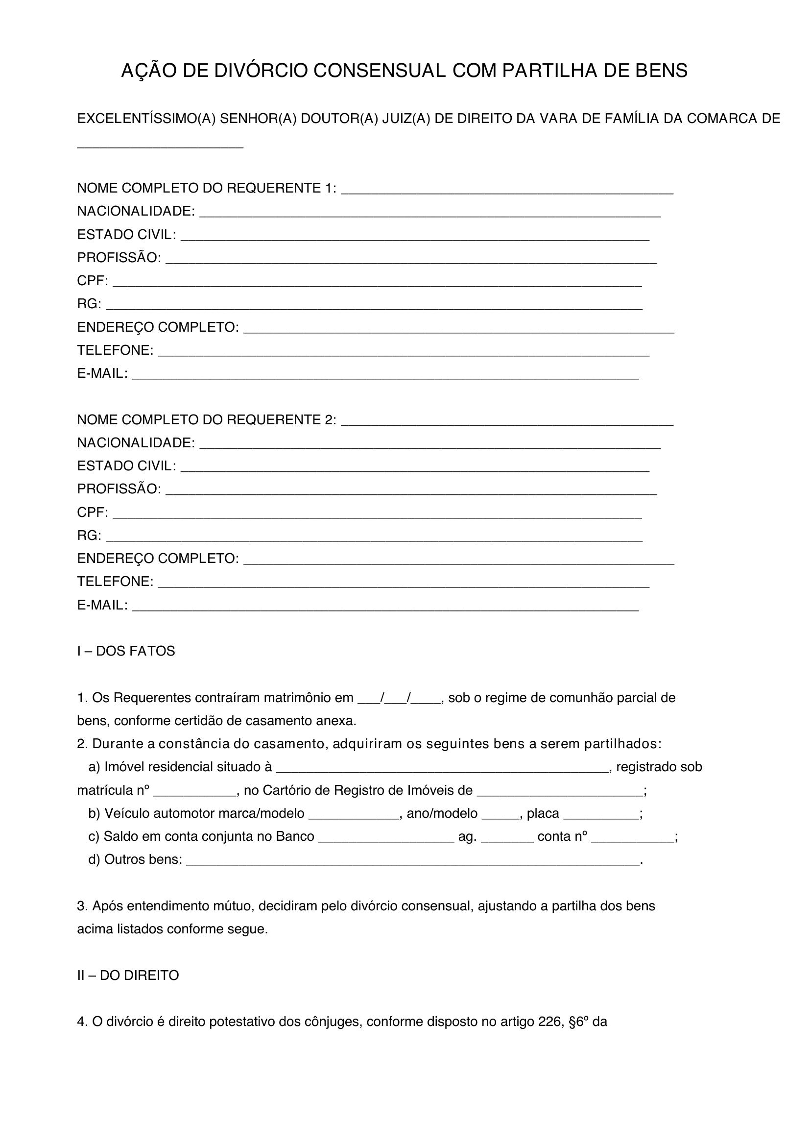Modelo De Divorcio Consensual Com Partilha De Bens