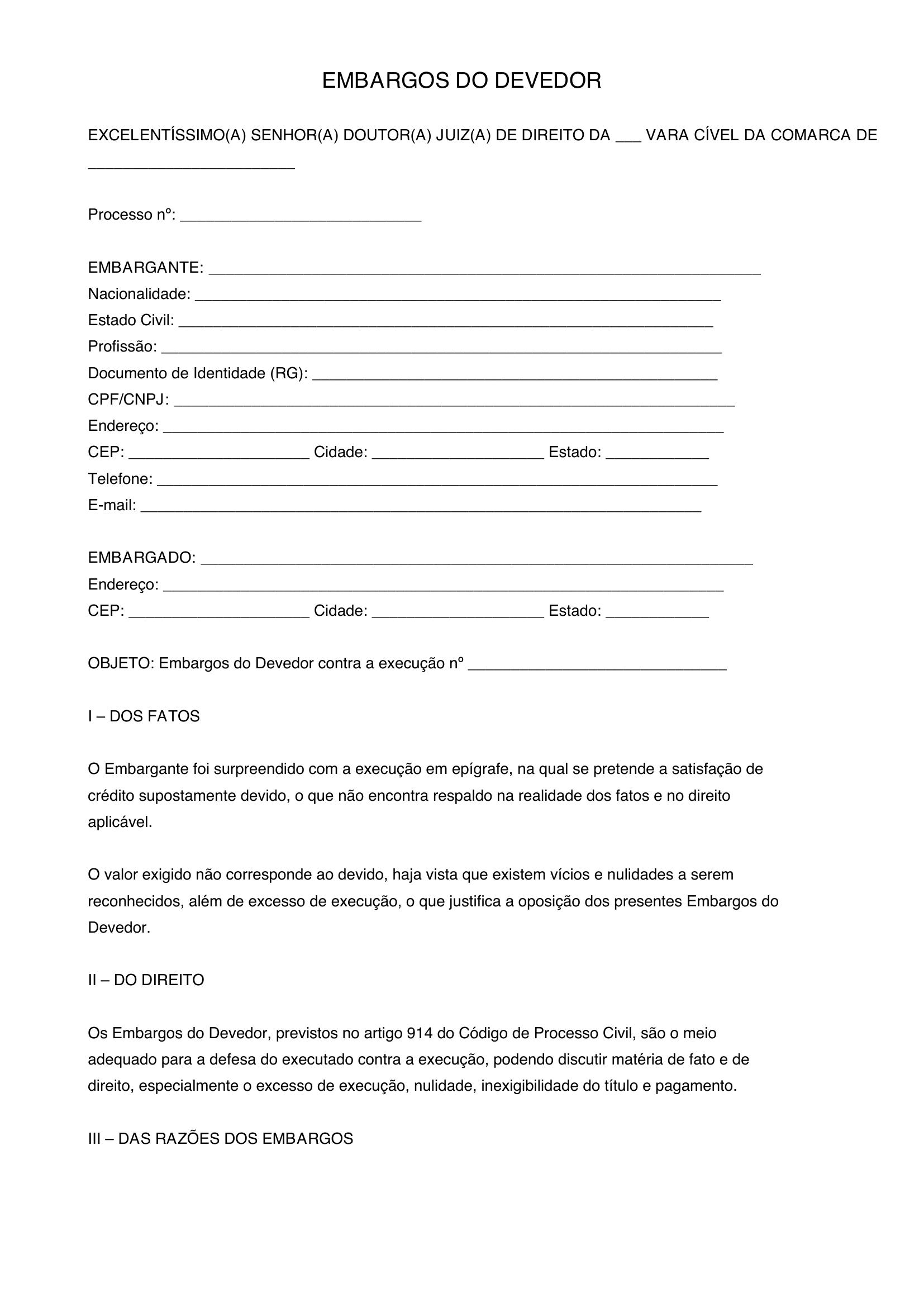 Modelo De Embargos Do Devedor