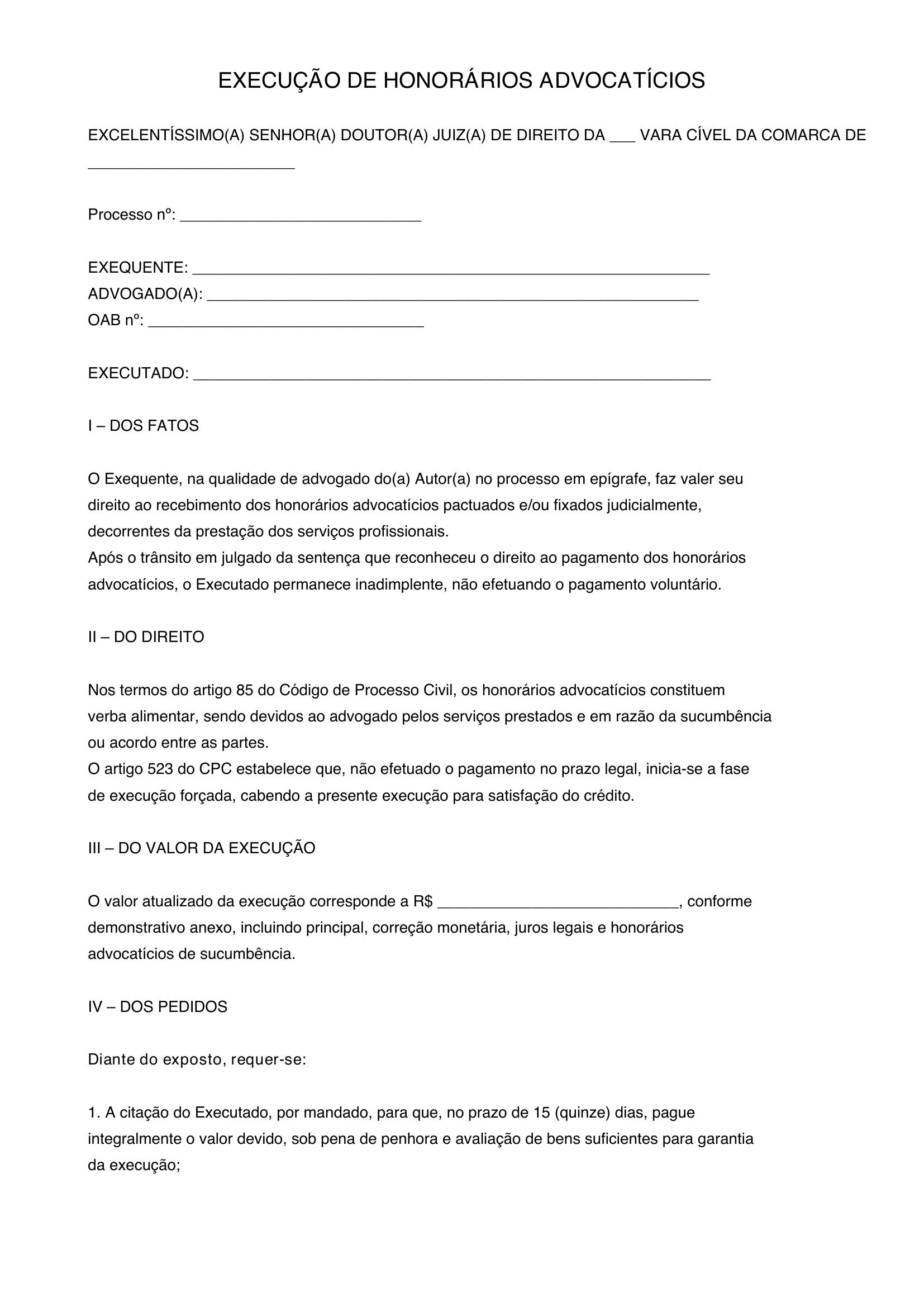 Modelo De Execução De Honorários Advocatícios