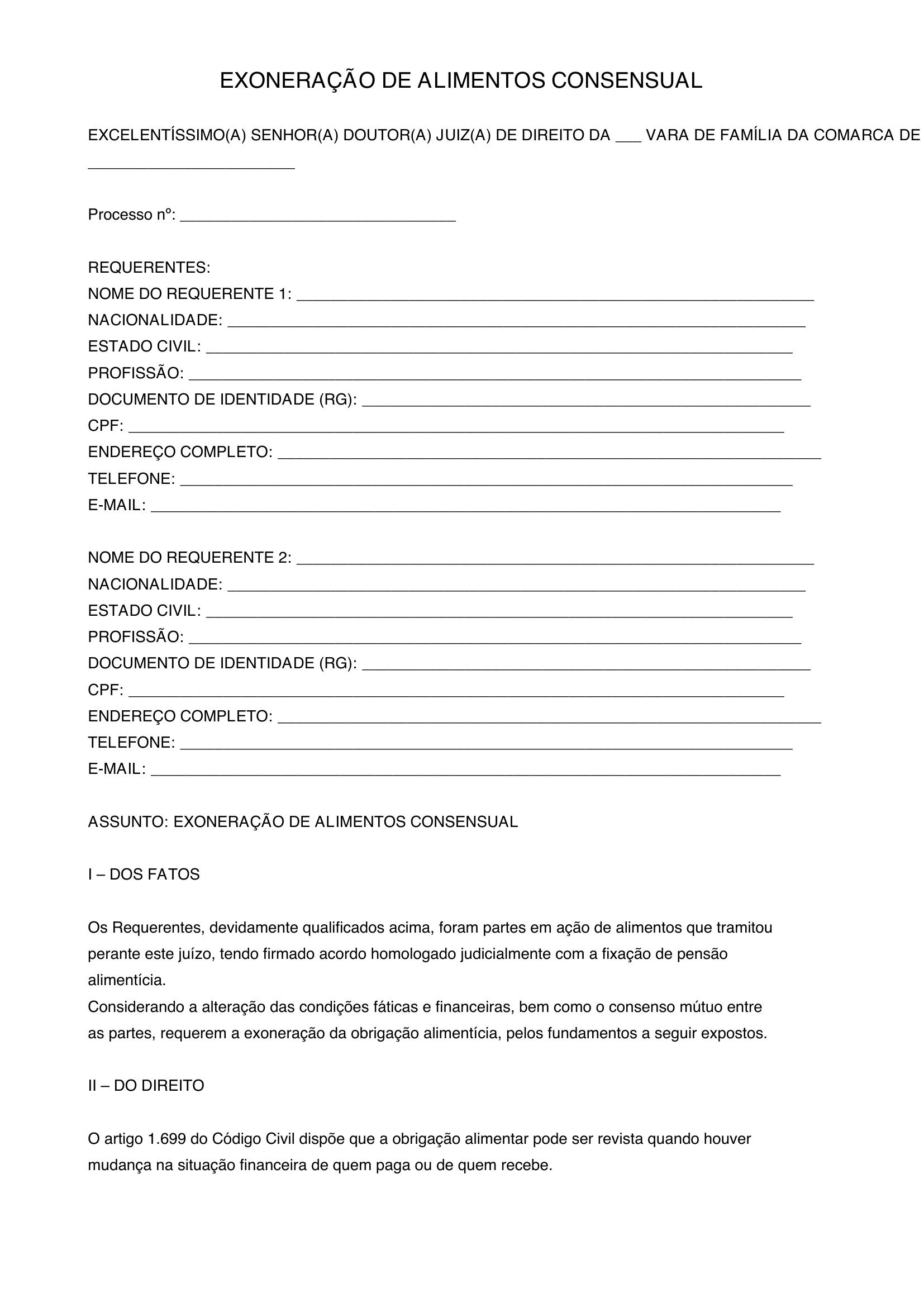 Modelo De Exoneração De Alimentos Consensual