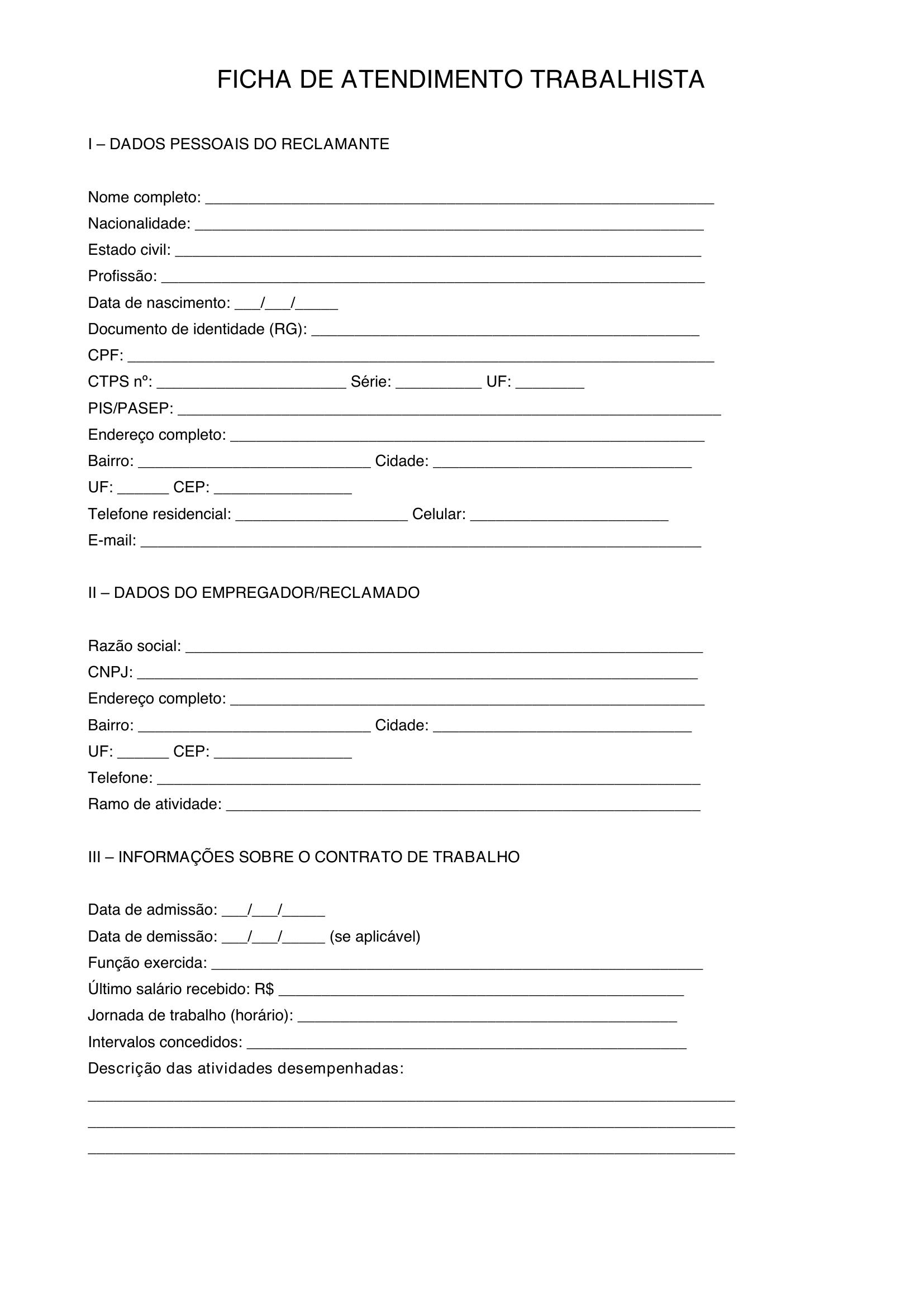 Modelo De Ficha De Atendimento Trabalhista