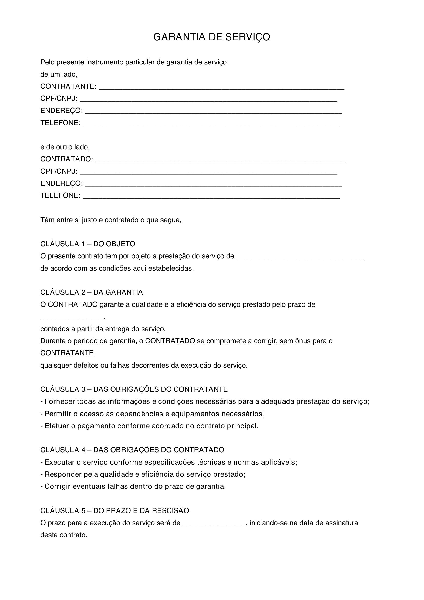 Modelo De Garantia De Serviço