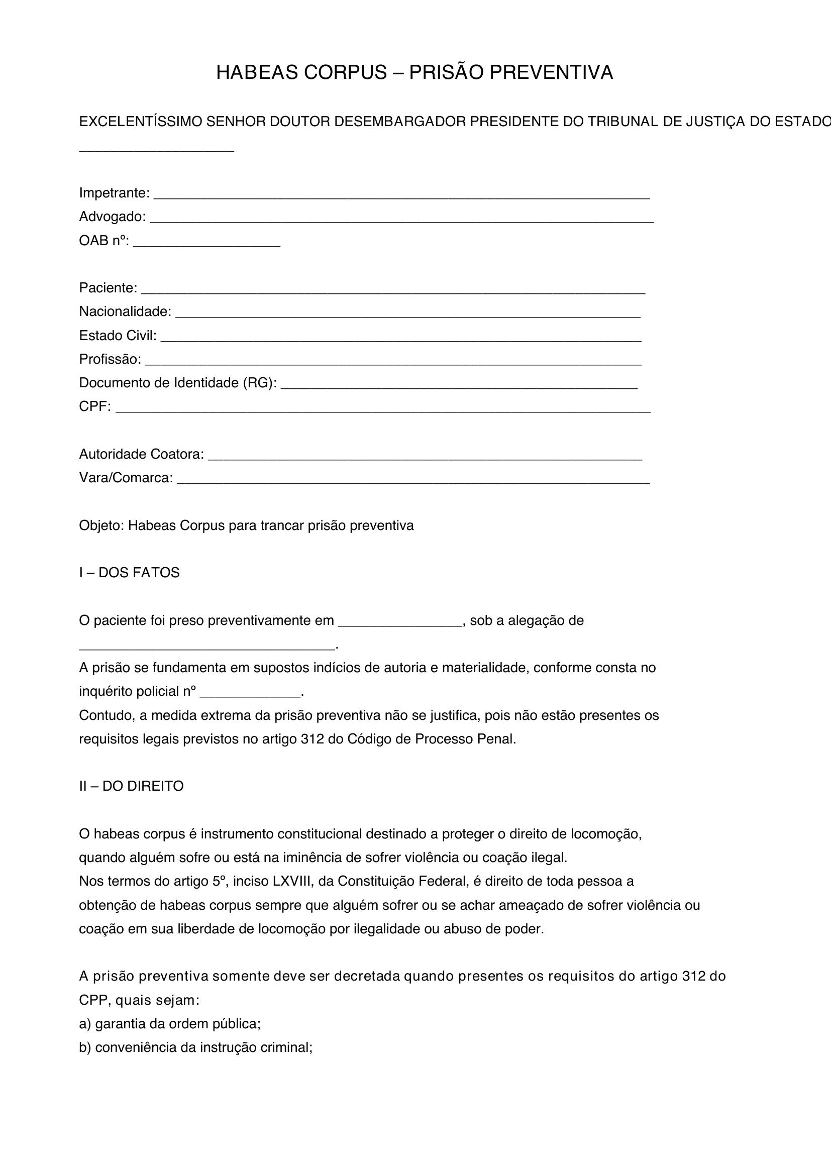 Modelo Habeas Corpus Prisão Preventiva