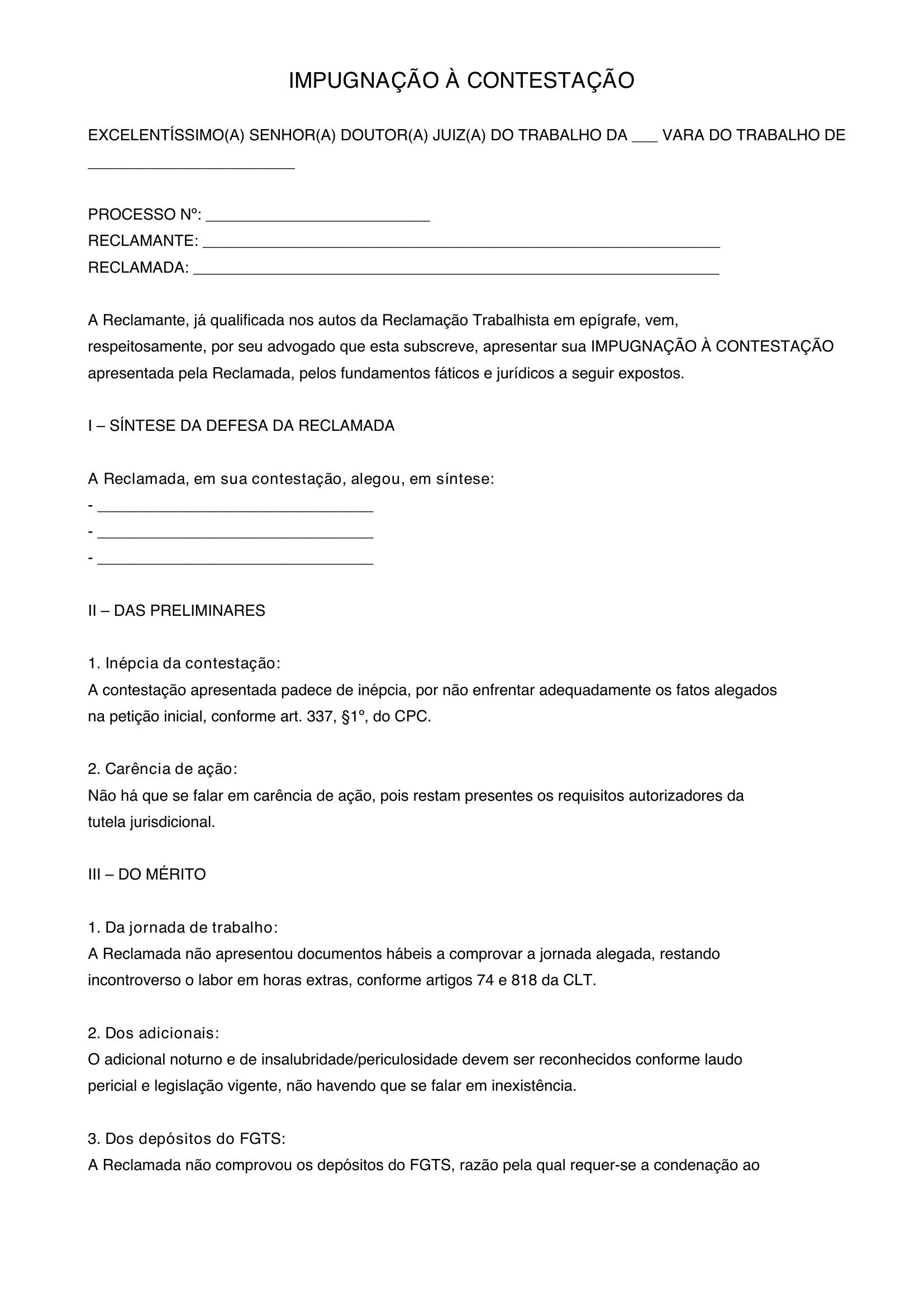 Modelo De Impugnação A Contestação