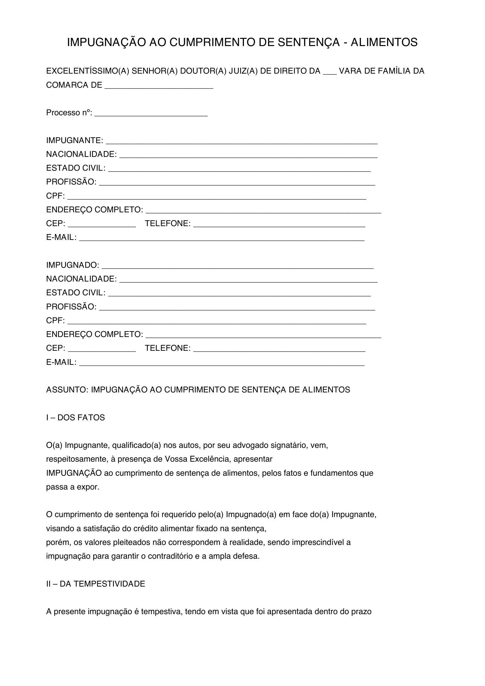 Modelo De Impugnação Ao Cumprimento De Sentença Alimentos