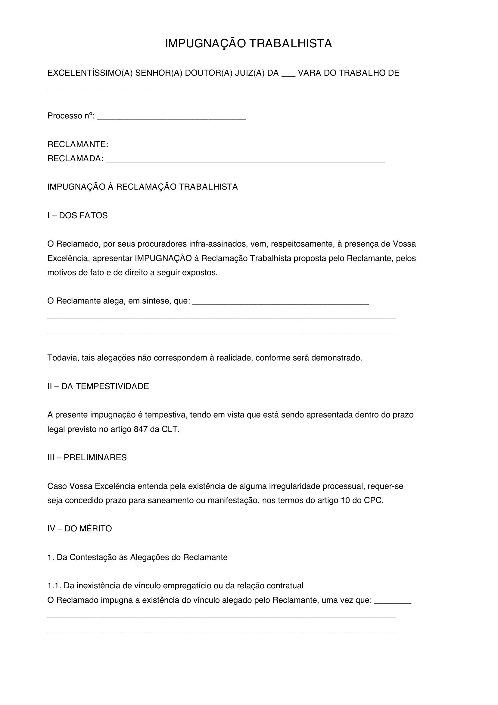 Modelo De Impugnação Trabalhista