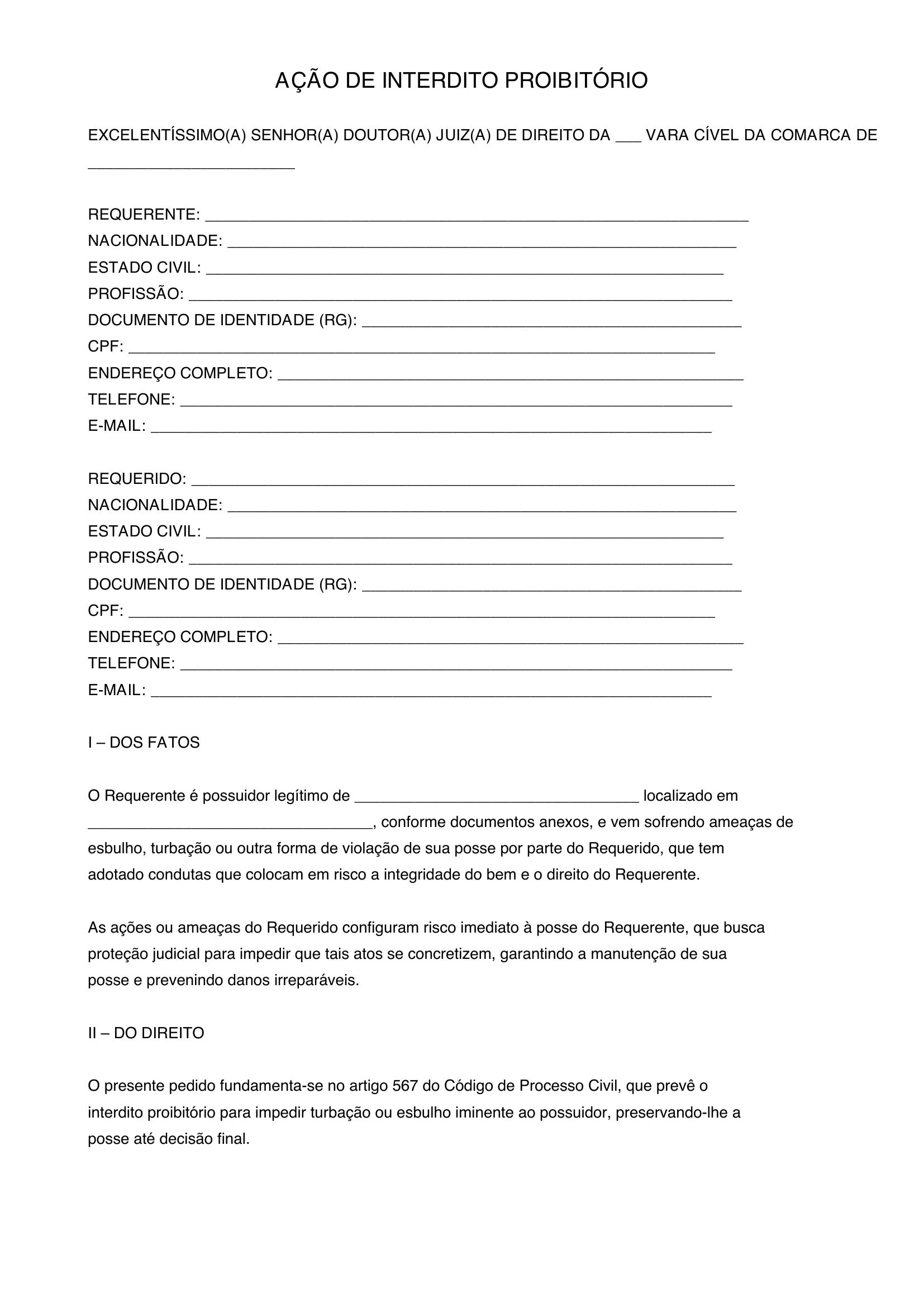 Interdito Proibitório Modelo