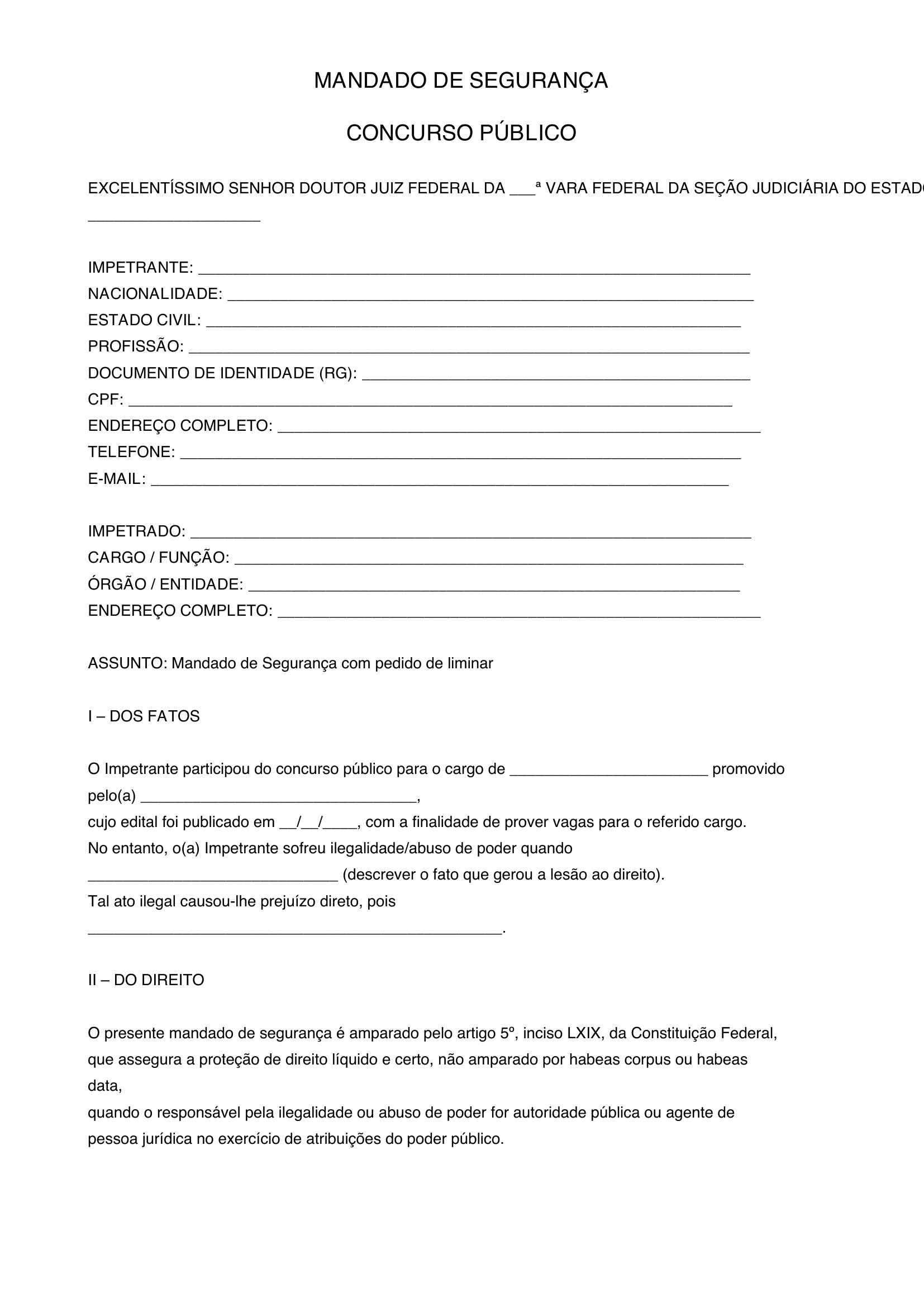 Modelo Mandado De Segurança Concurso Público