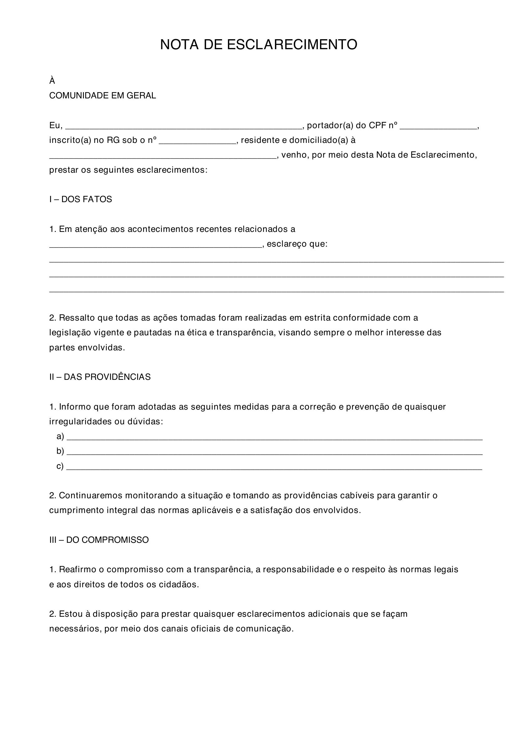 Modelo De Nota De Esclarecimento