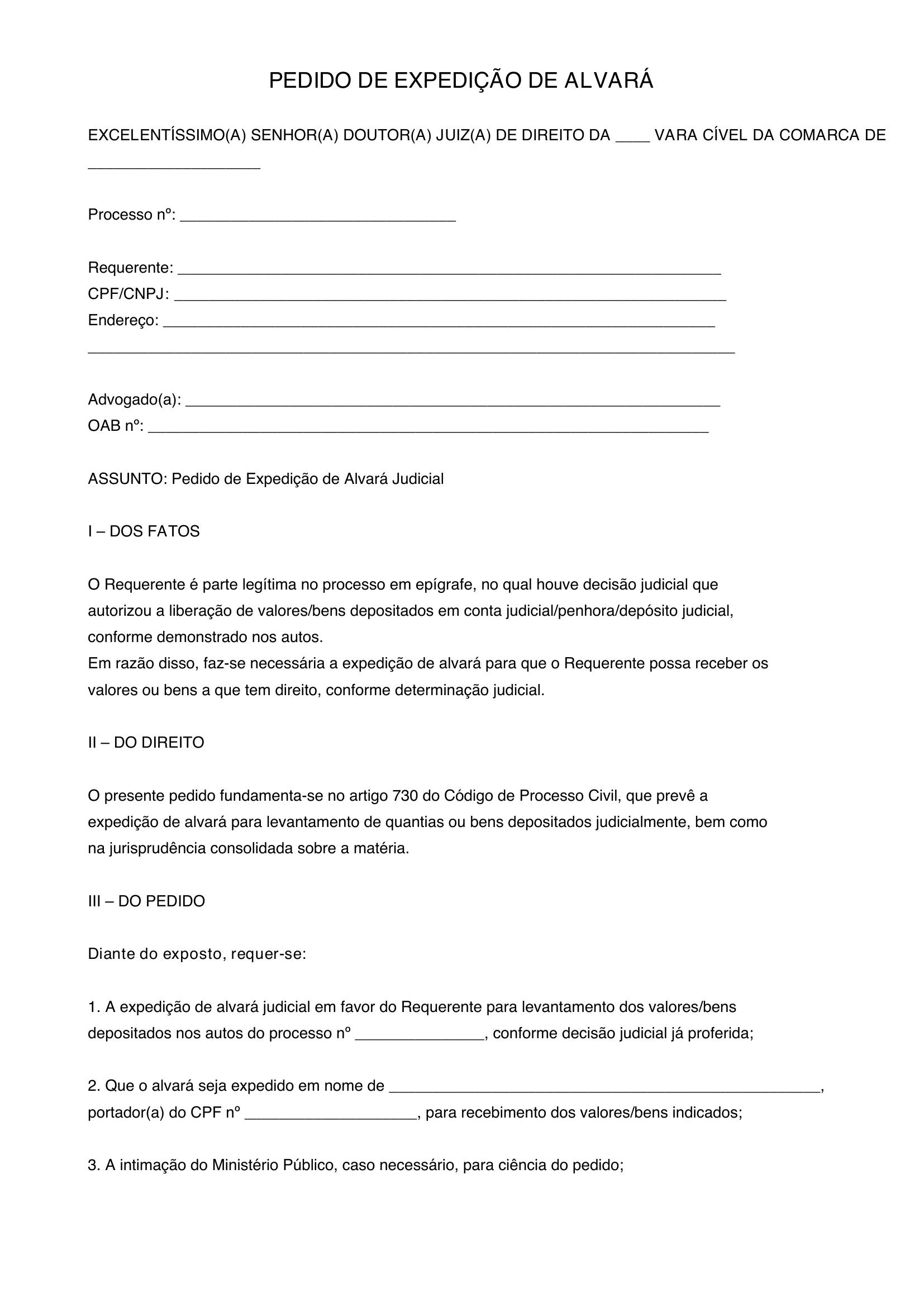 Modelo De Pedido De Expedição De Alvará