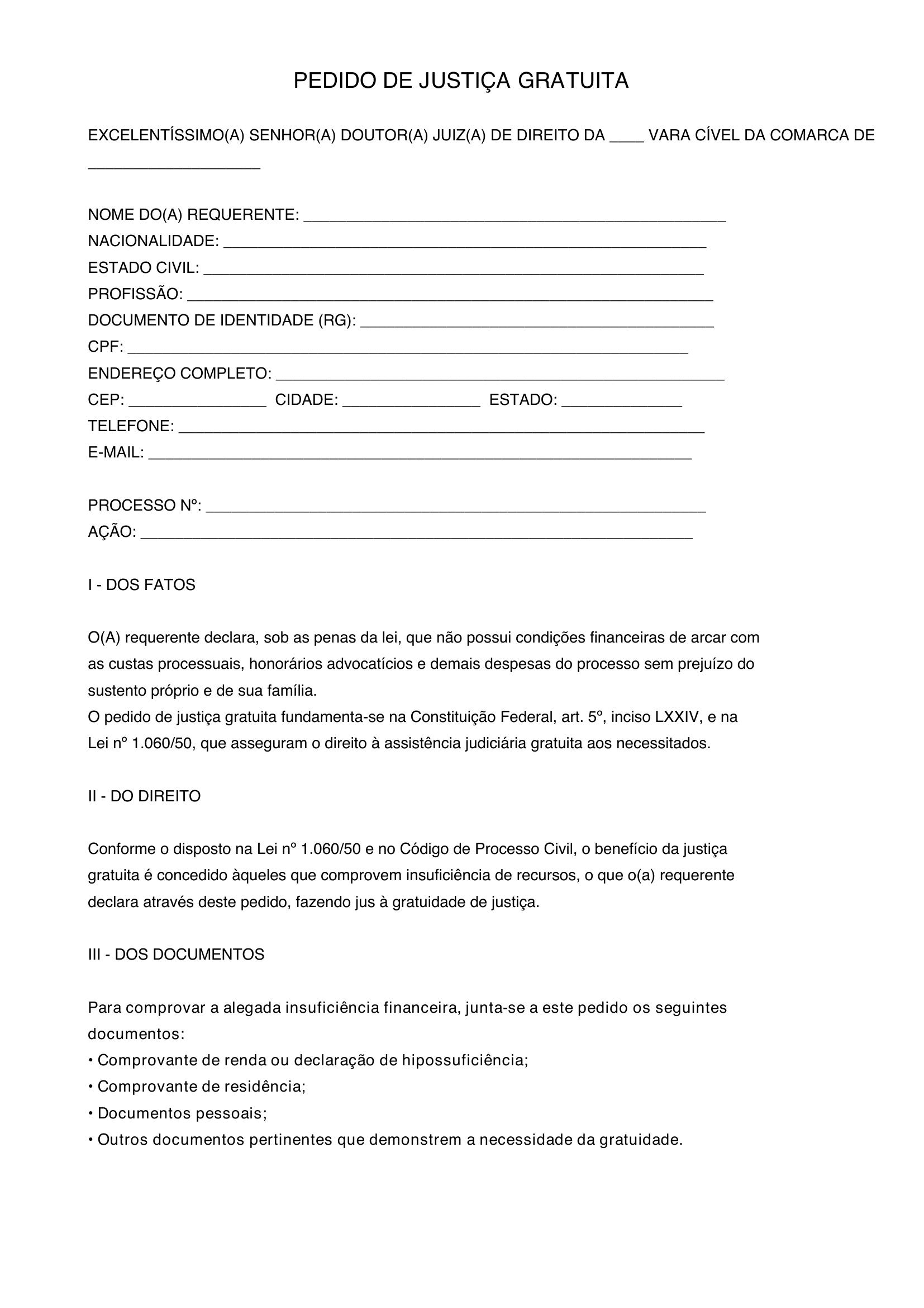 Modelo De Pedido De Justiça Gratuita