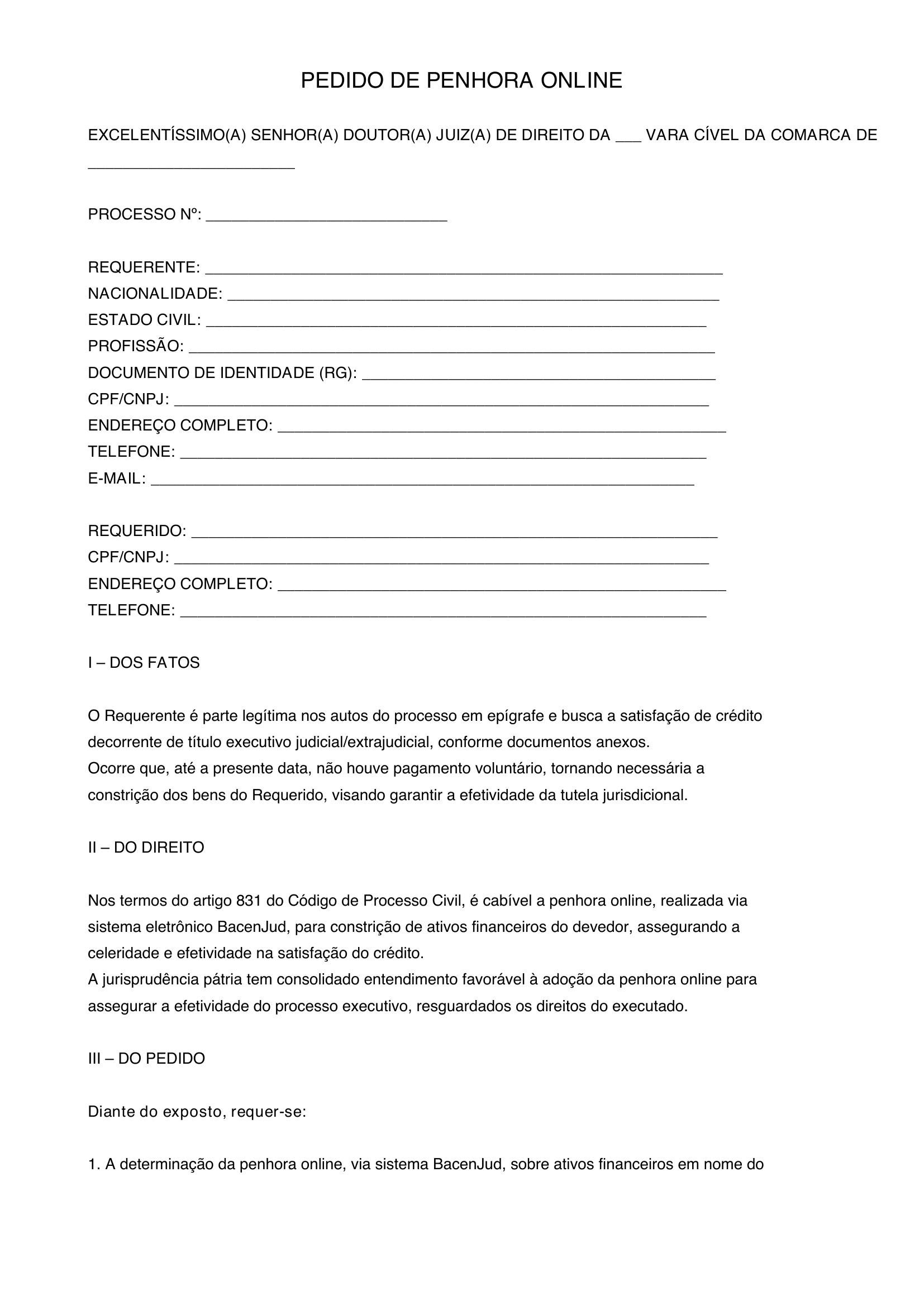 Modelo De Pedido De Penhora Online