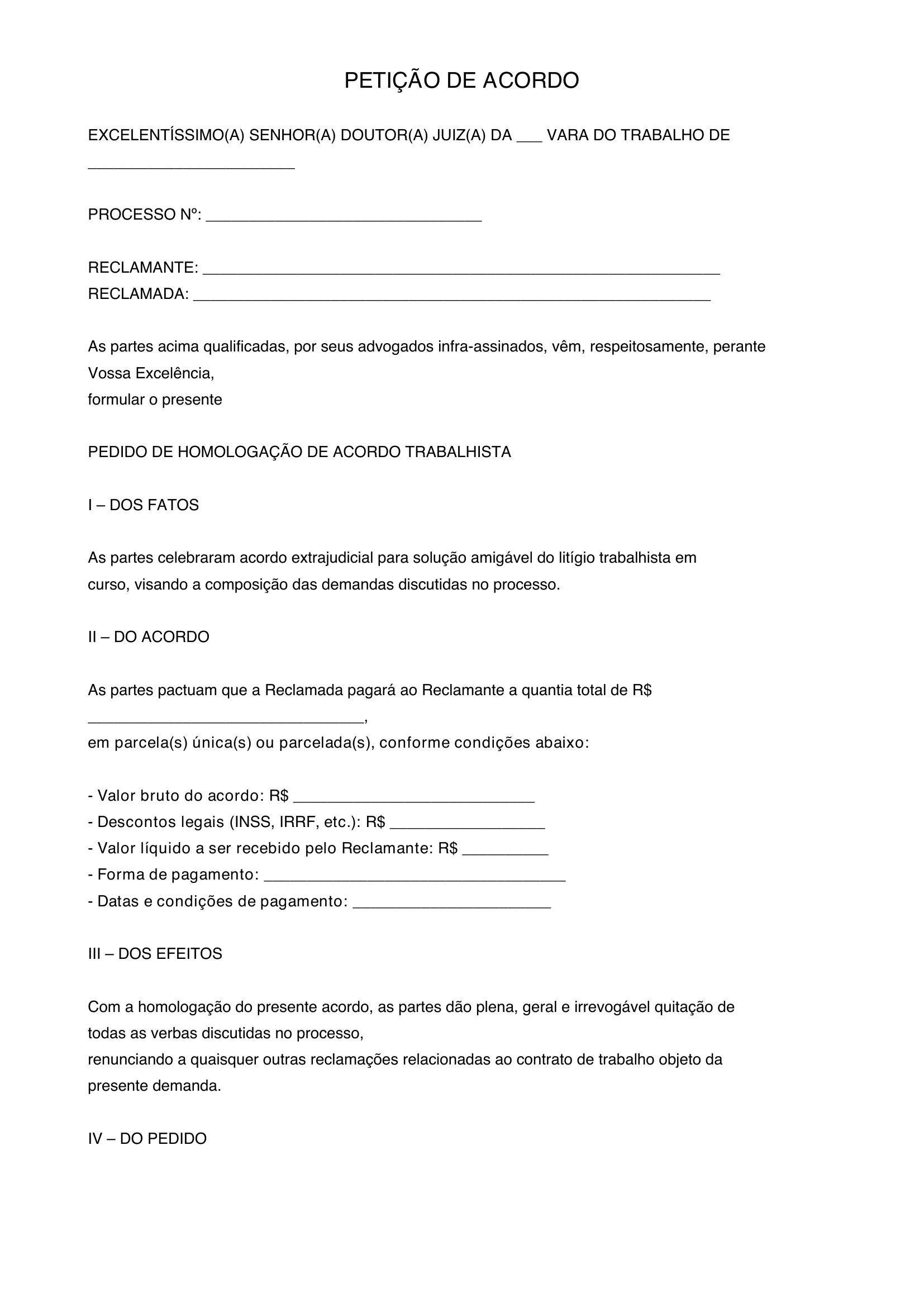 Modelo De Petição De Acordo