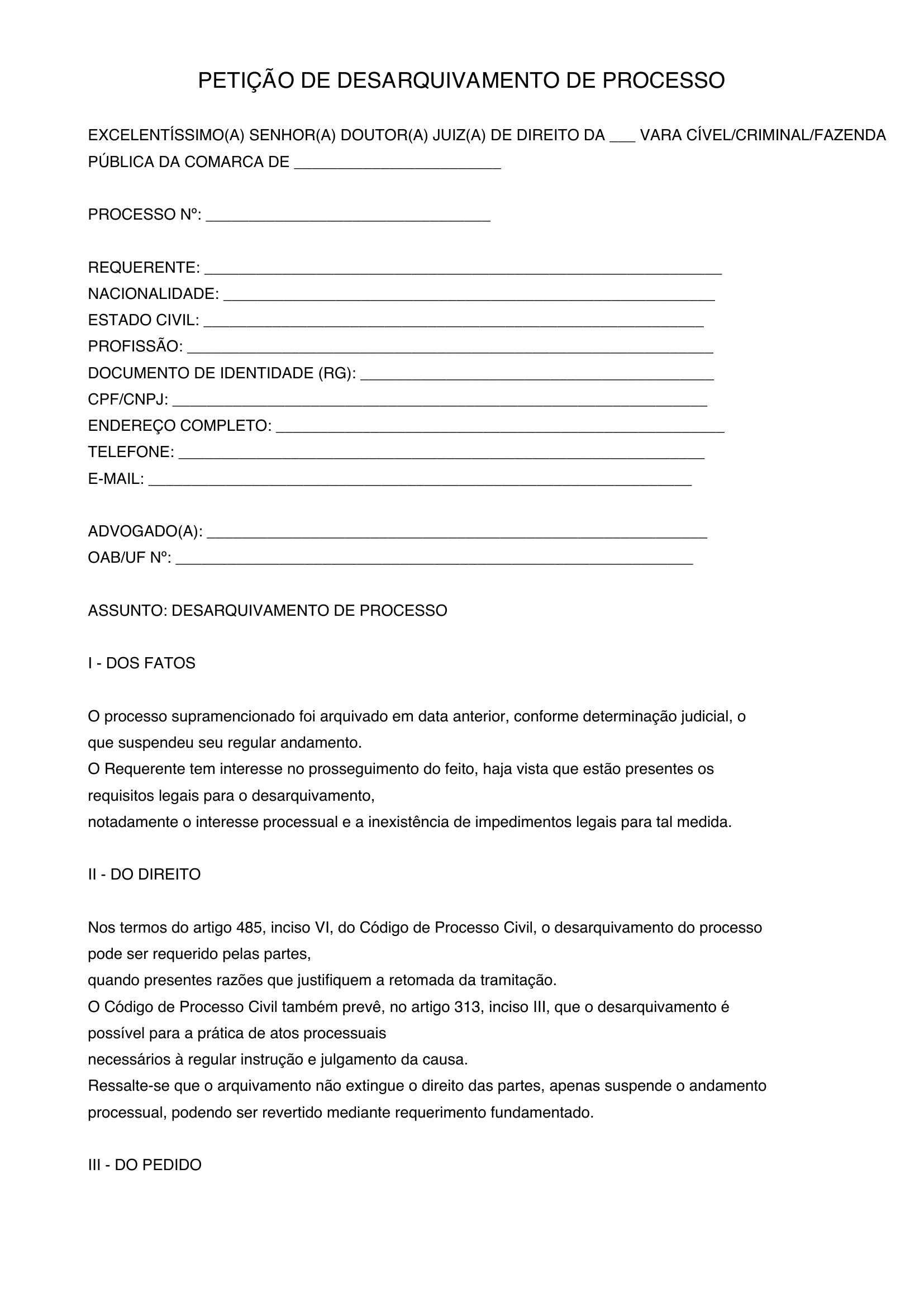 Modelo De Petição De Desarquivamento De Processo