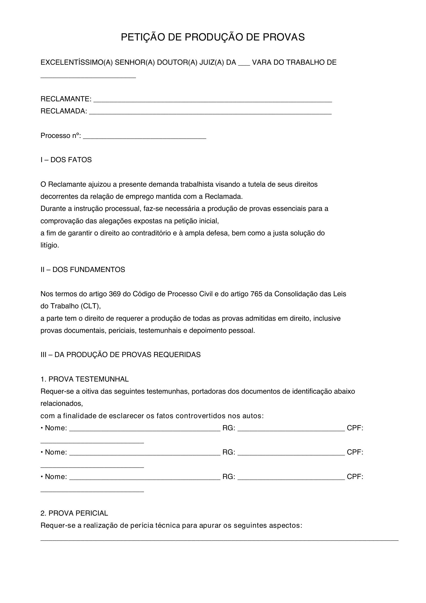 Modelo De Petição De Produção De Provas
