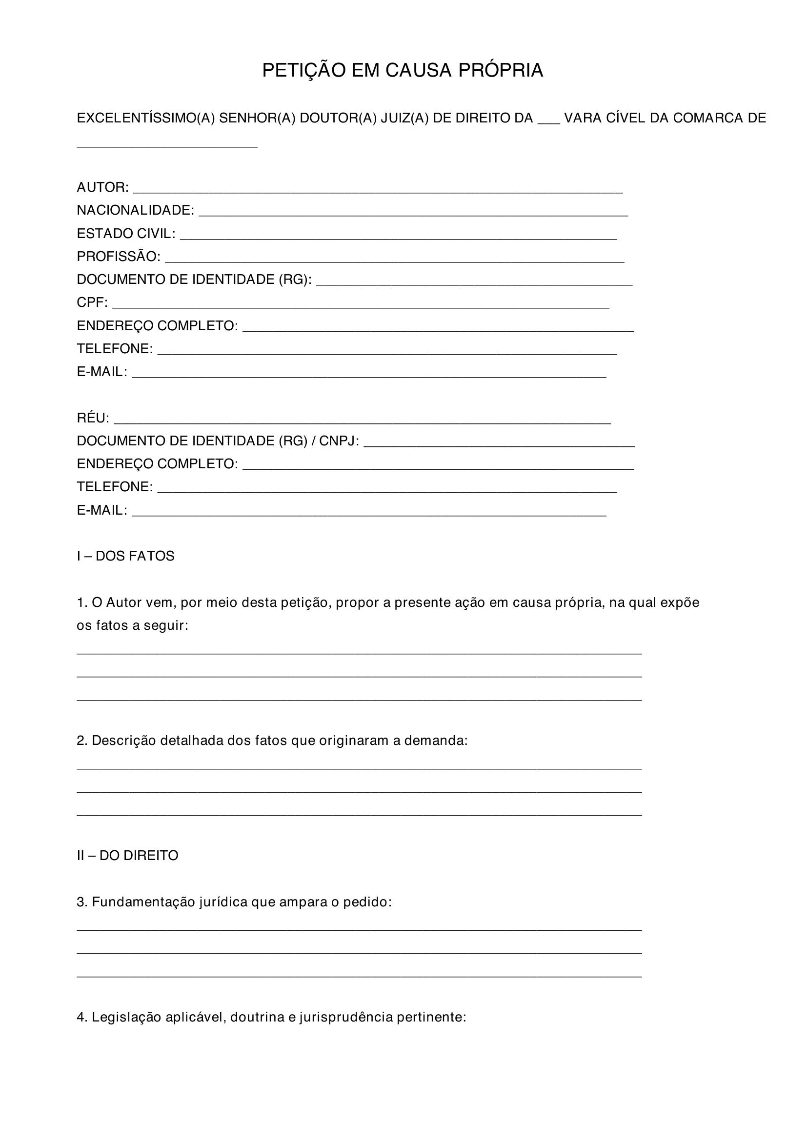 Modelo De Petição Em Causa Propria