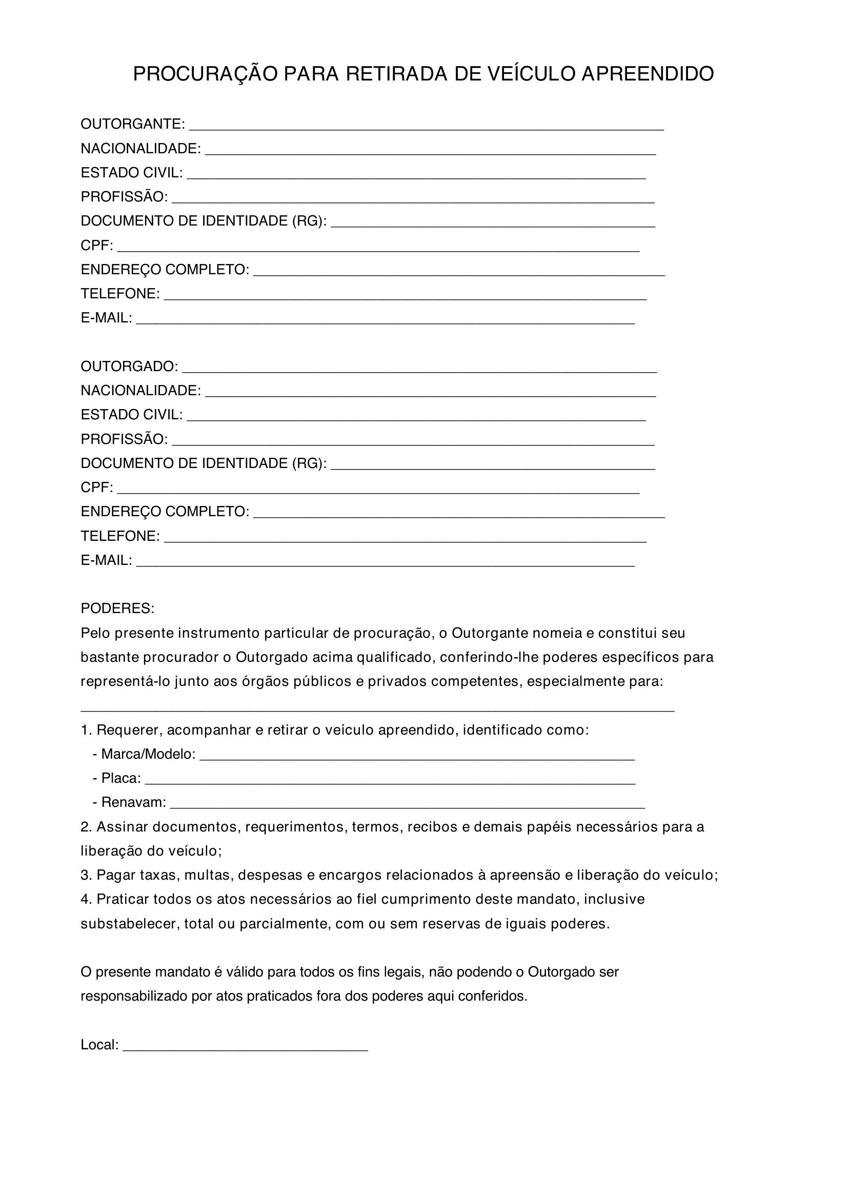 Modelo De Procuração Para Retirar Veiculo Apreendido